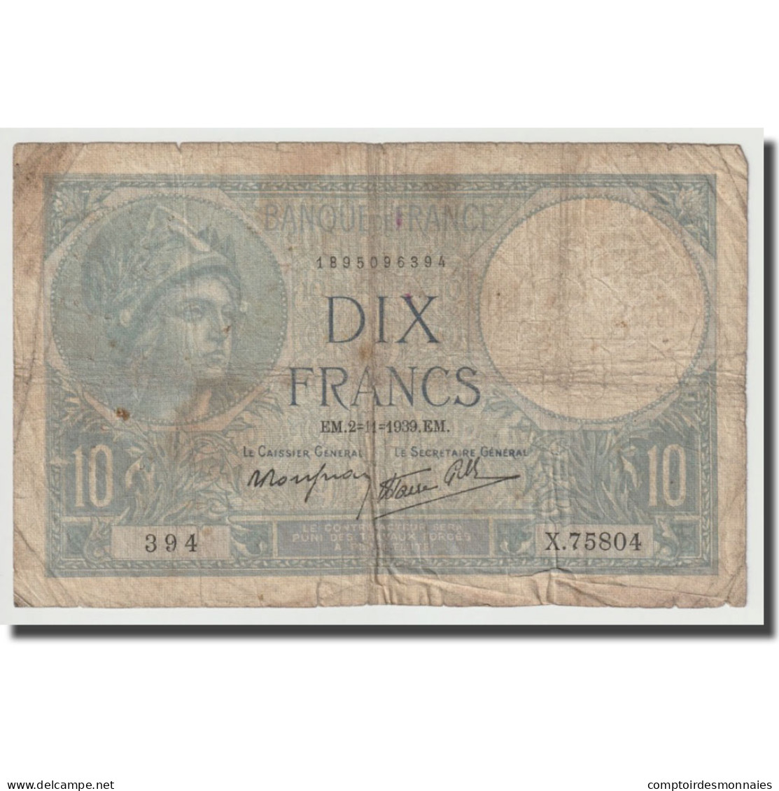 France, 10 Francs, Minerve, 1939, 1939-11-02, TB, Fayette:7.14, KM:84 - 10 F 1916-1942 ''Minerve''