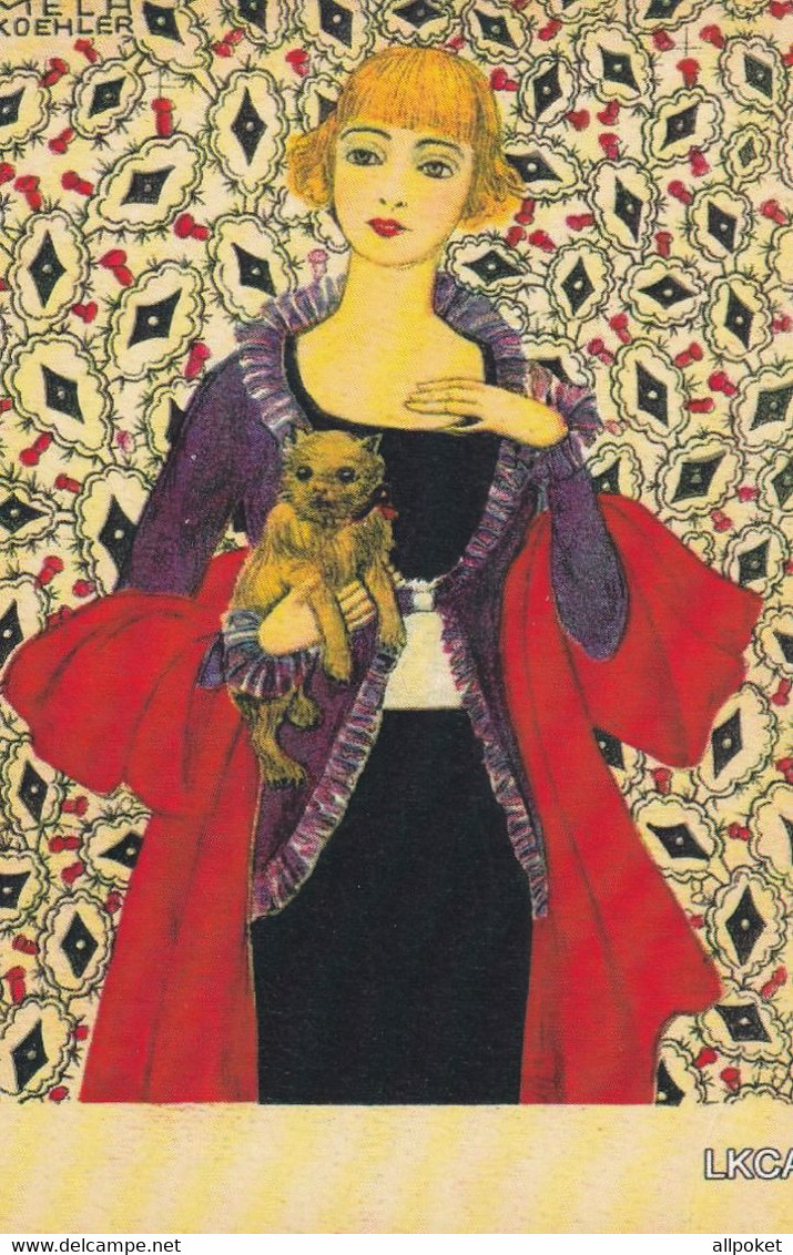 A13674-VINTAGE WOMAN BLONDE WITH A DOG ILLUSTRATION SIGNED BY  MELA KOEHLER REPRO POSTCARD - Koehler, Mela