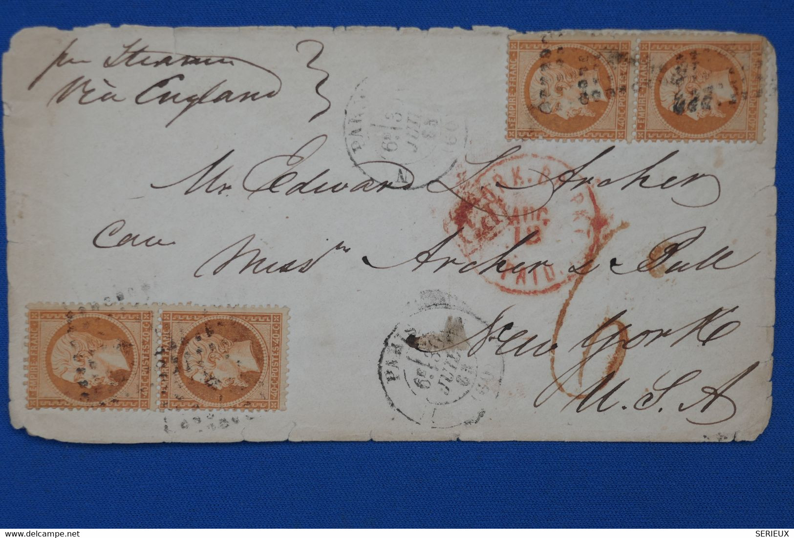 C FRANCE BELLE LETTRE RARE  1863 PARIS  POUR NEW YORK USA + 2 PAIRES  DE N 23 40C  +PD  + AFFR   PLAISANT - 1853-1860 Napoleone III