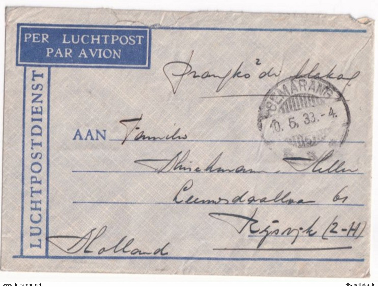 1933 - INDES NEERLANDAISES - ENVELOPPE Par AVION De SEMARANG => HOLLANDE - Netherlands Indies