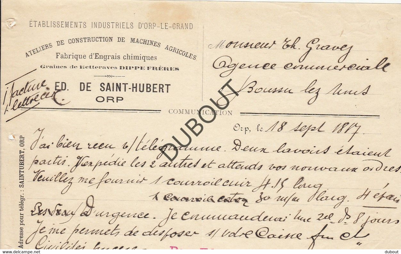 Facture Orp Le Grand - Saint Hubert 1887 (U202) - 1800 – 1899