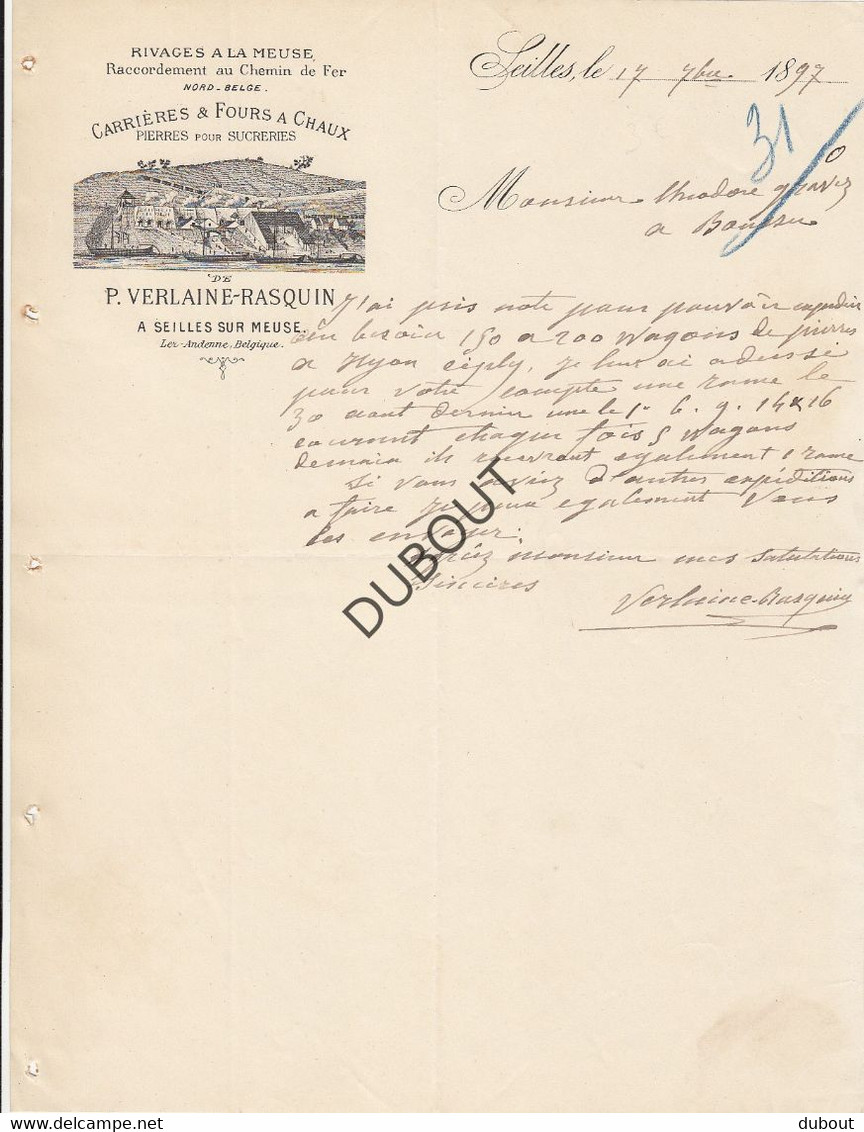 Facture - Seilles Sur Meuse/Andenne-Pierres Sucrerie Verlaine-Rasquin 1897 (U200) - 1800 – 1899