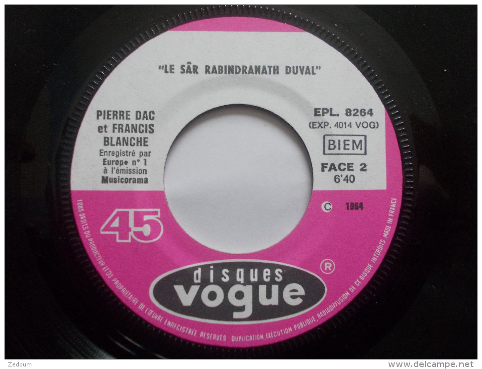 45T - Francis Blanche & Pierre Dac Le Sar Rabin Dranath Duval - Comiques, Cabaret