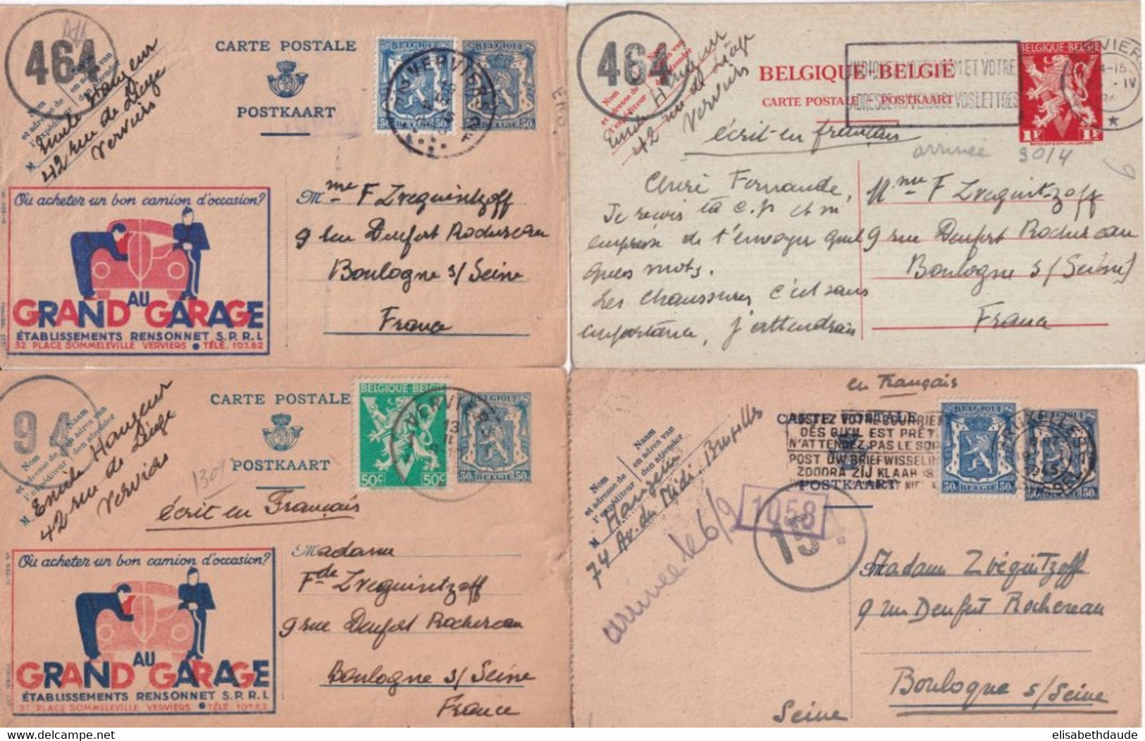 1944/1945 - BELGIQUE - 6 CARTES ENTIERS Dont PUBLIBEL (GARAGE AUTOMOBILE) CENSURES De VERVIERS => BOULOGNE SUR SEINE - Guerre 40-45 (Lettres & Documents)