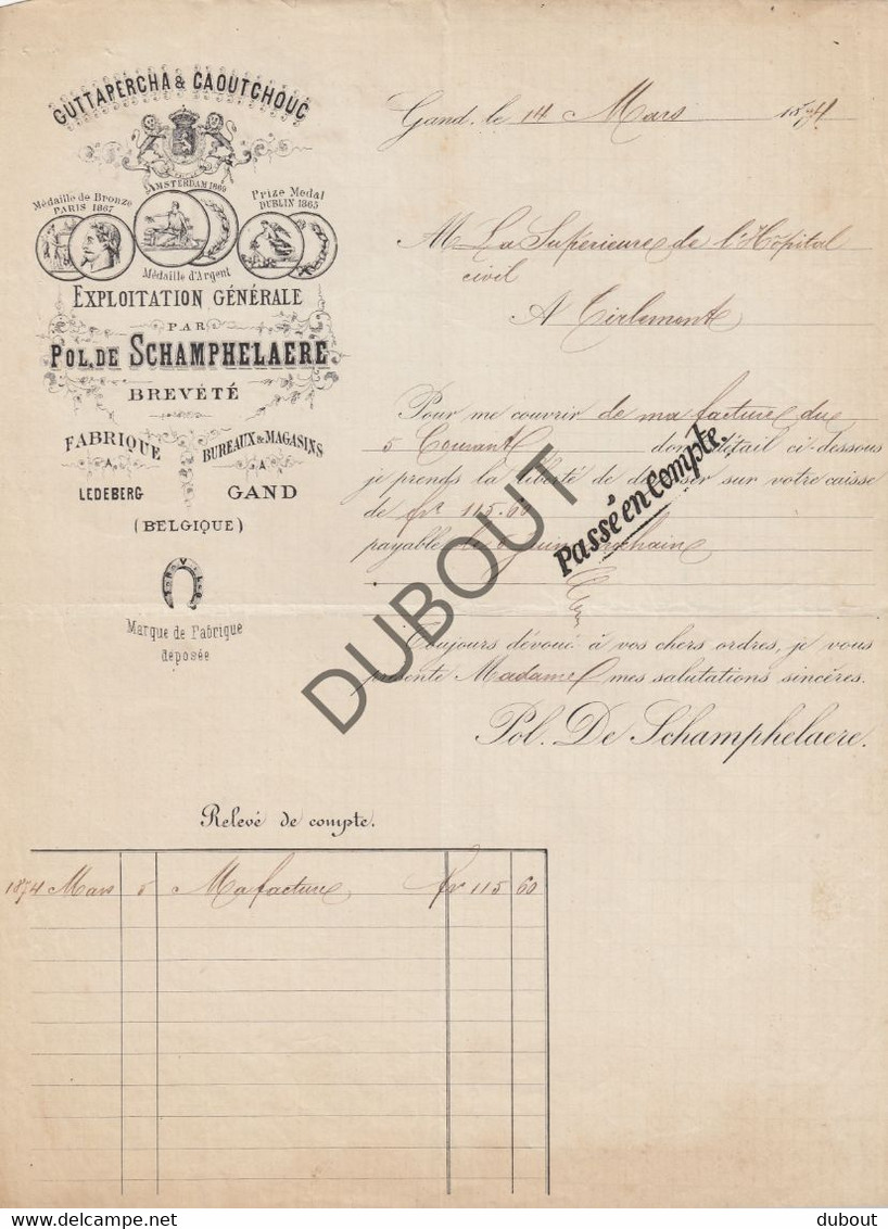 GENT - GuttaPercha & Caoutchouc - De Schamphelaere - Facture 1874 (R517) - 1800 – 1899