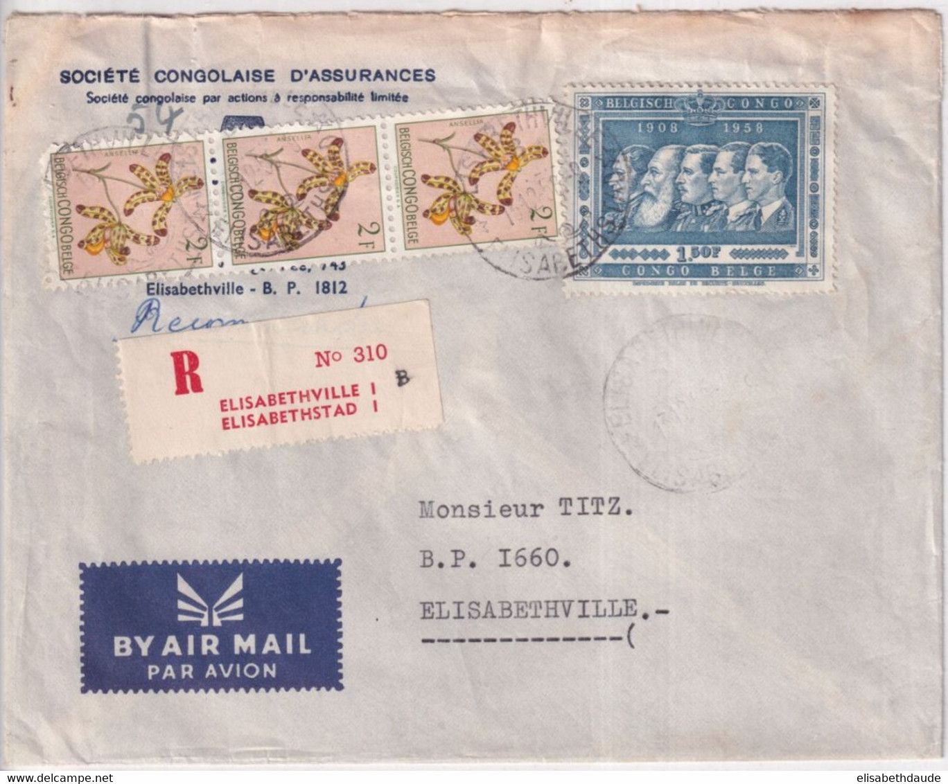 1958 - CONGO BELGE - ENVELOPPE LOCALE ! RECOMMANDEE De ELISABETHVILLE - Briefe U. Dokumente