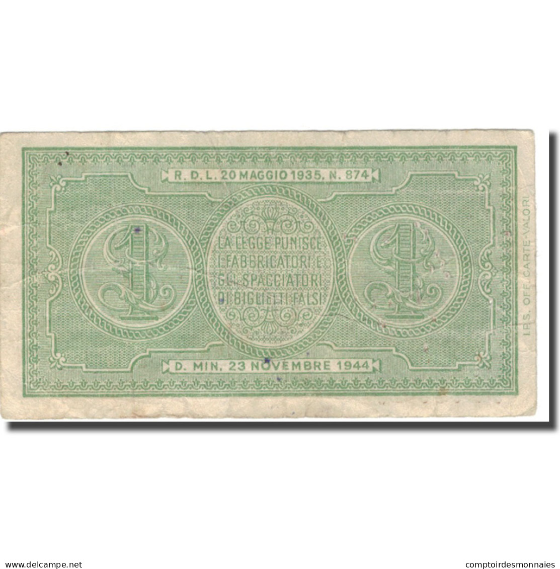 Billet, Italie, 1 Lira, 1944, 1944-11-23, KM:29b, TB+ - Regno D'Italia – 1 Lire