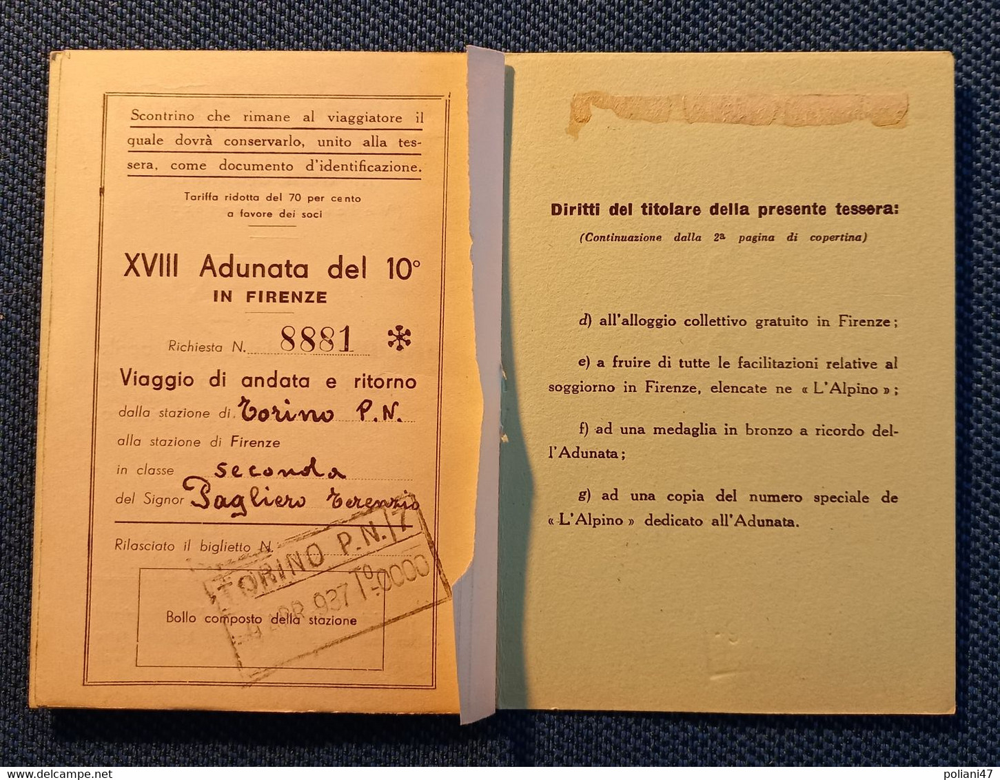 0523 "ASS. NAZ ALPINI 10/12 APRILE 1937-XV-XVIII ADUNATA  DEL 10° IN FIRENZE-TESSERA  VERDE PER SOCI NR. 8881-A/R FS" - Europe