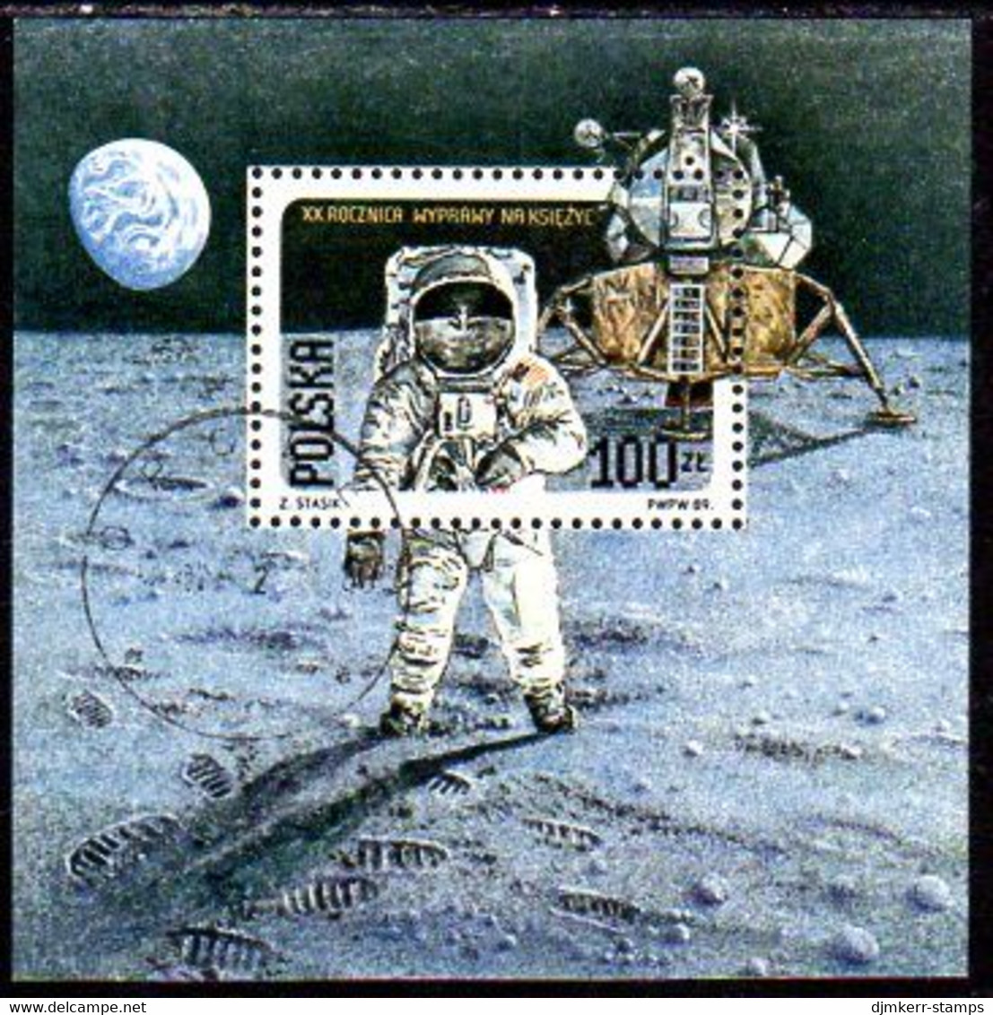 POLAND 1989 First Manned Moon Landing Perforated Block Used.  Michel Block 109A - Blokken & Velletjes