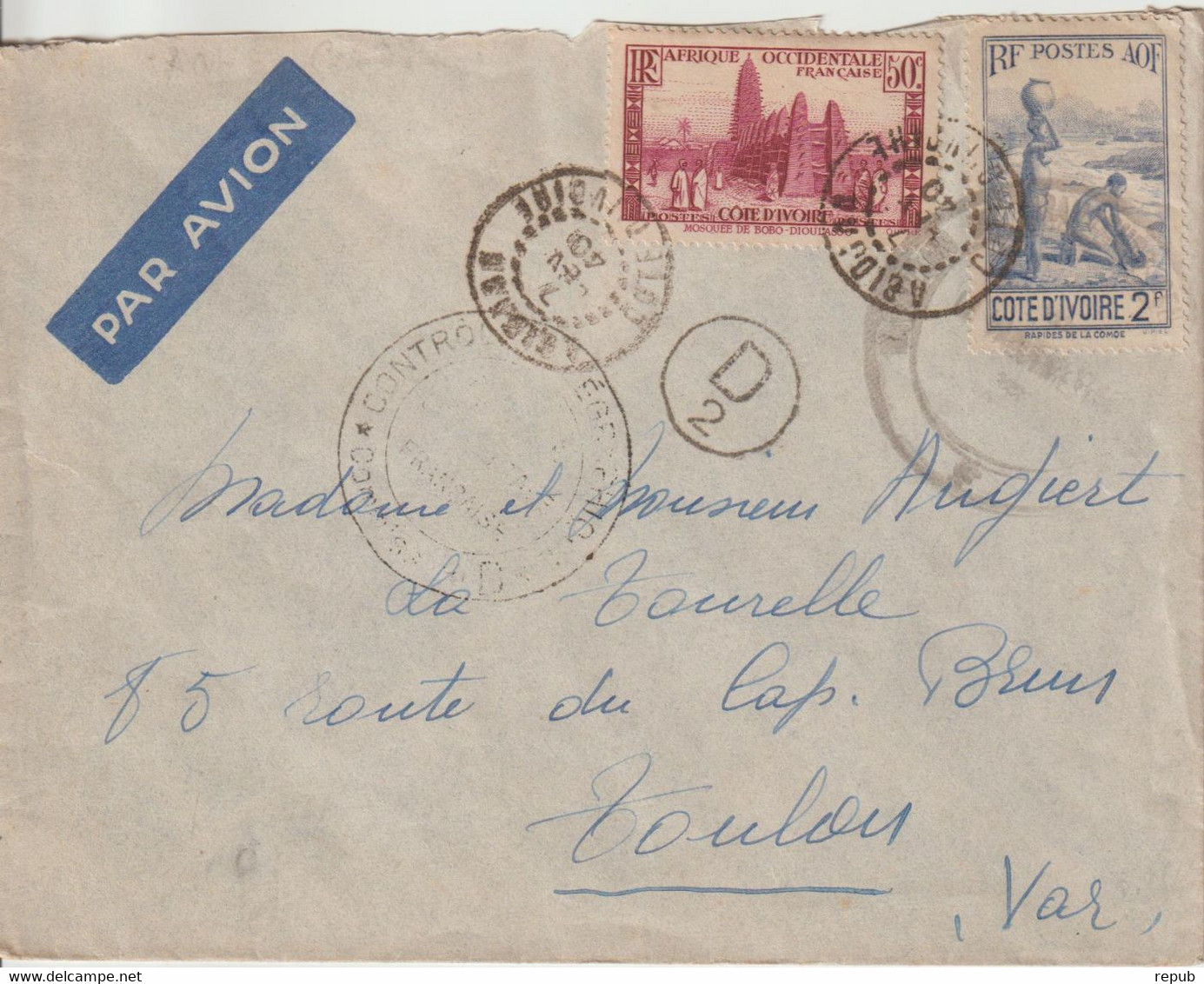 Cote D'Ivoire 1940 Lettre Pour La France Et Cachet Censure état Voir Scans - Covers & Documents