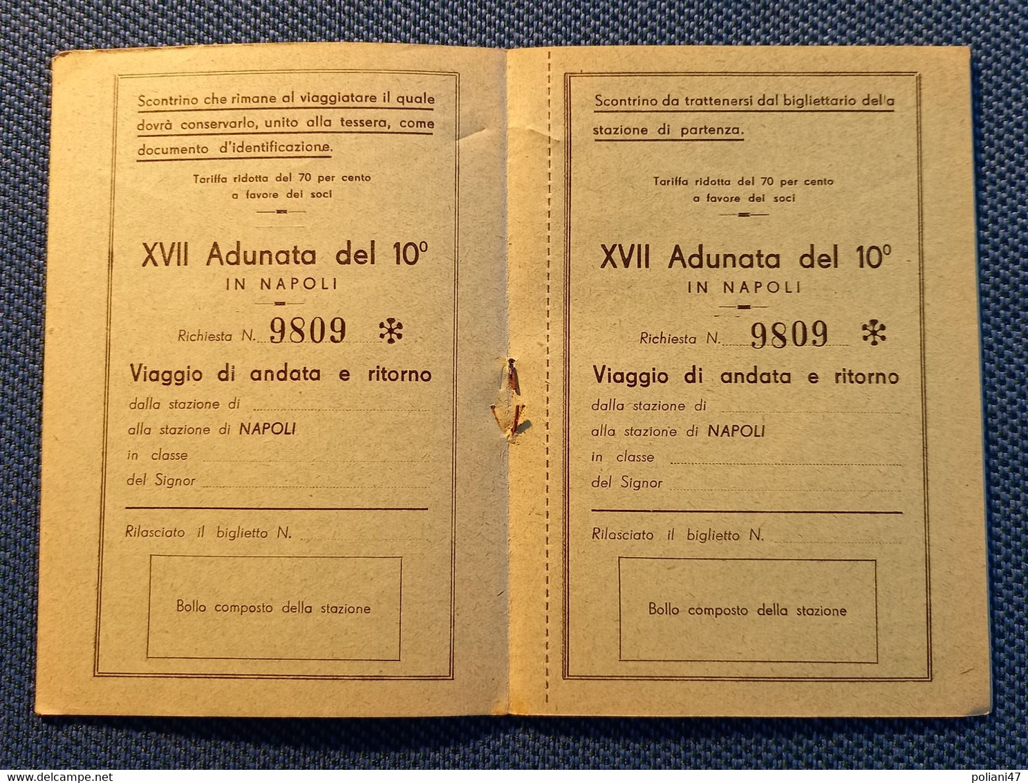 0526 "ASS. NAZ ALPINI 12/14 SETTEMBRE 1936-XIV-XVII ADUNATA IN  NAPOLI -TESSERA  VERDE PER SOCI NR. 9809-A/R FERROVIE" - Europe