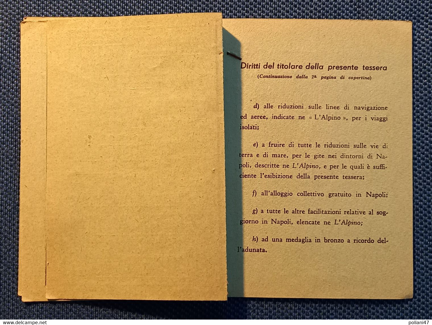 0526 "ASS. NAZ ALPINI 12/14 SETTEMBRE 1936-XIV-XVII ADUNATA IN  NAPOLI -TESSERA  VERDE PER SOCI NR. 9809-A/R FERROVIE" - Europe