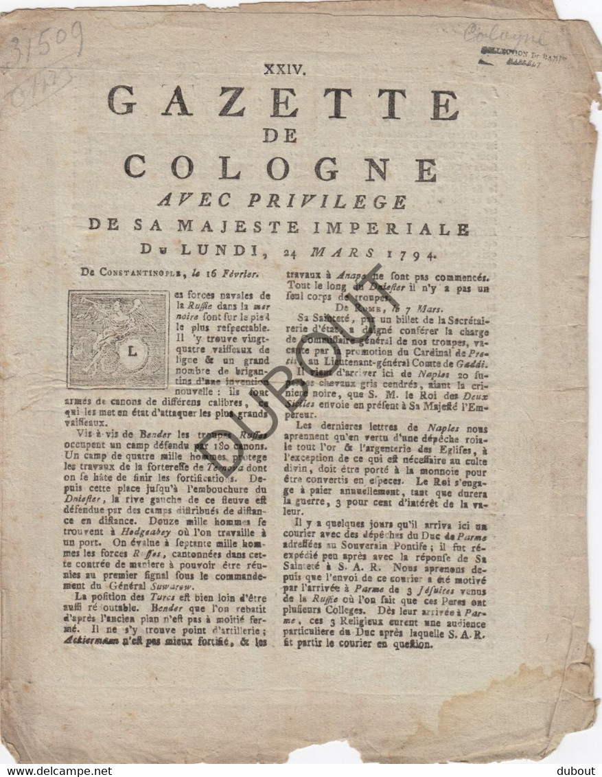 KRANT/JOURNAL Keulen/Köln - Gazette De Cologne - 1794 - Très Rare! (R80) - Zeitungen - Vor 1800