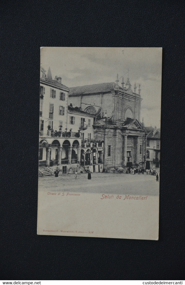 CARTOLINA TORINO MONCALIERI SALUTI DA CHIESA SAN FRANCESCO ANIMATISSIMA VG 1908 - Moncalieri