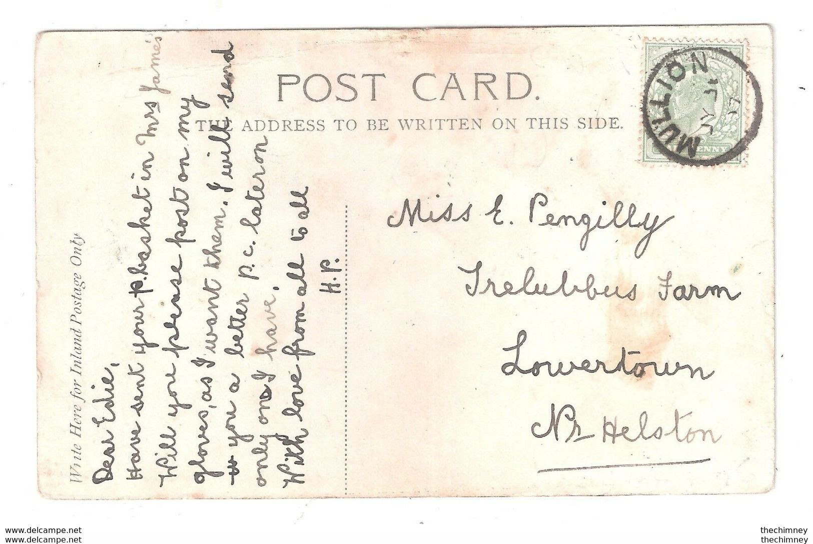 MULLION SMALL CIRCLE POSTMARK ON MENEAGE STREET HELSTON POSTCARD POSTAL HISTORY - Autres & Non Classés