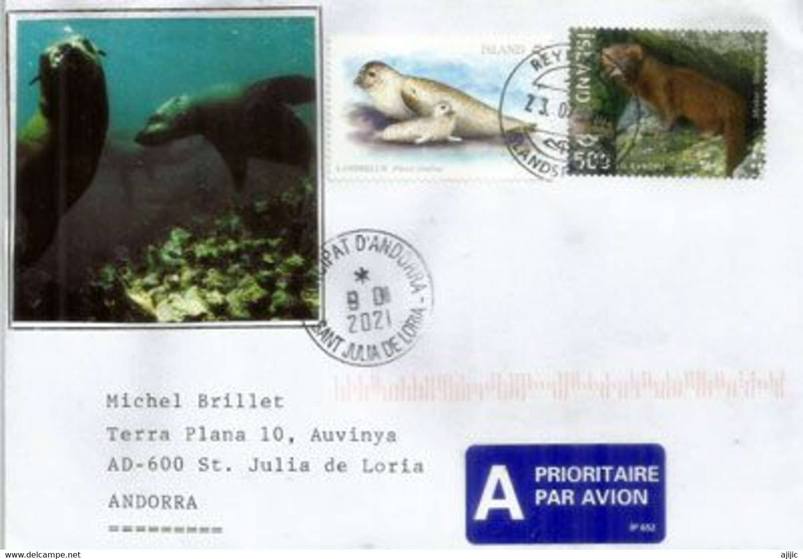 Lettre D'ISLANDE (Veau Marin & Vison D'Europe), Adressée Andorra, Avec Timbre à Date Arrivée - Storia Postale