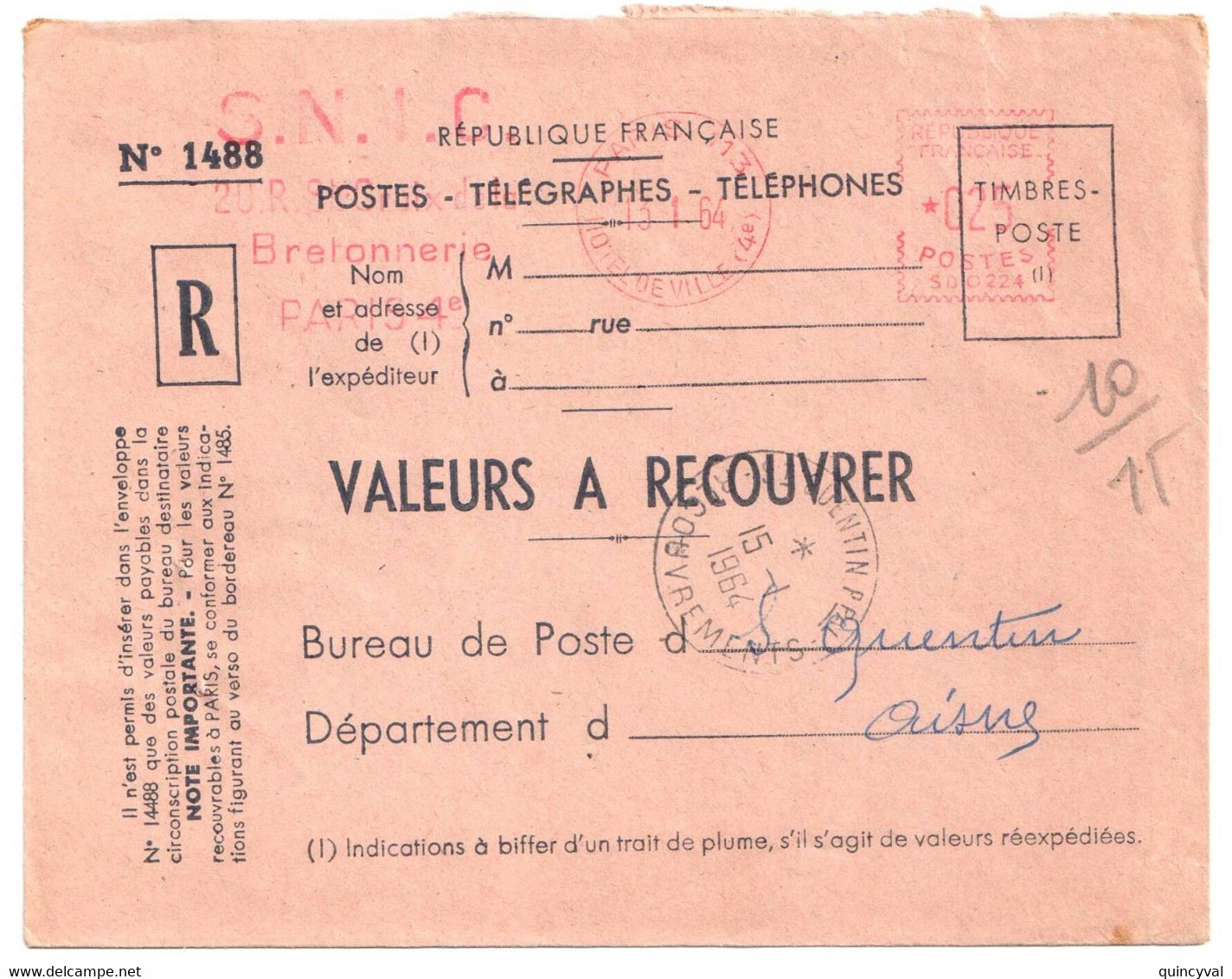 PARIS 113 Valeurs à Recouvrer Env 1488 Ob 13 1 1964 EMA 25c SD0224 Dest St QUENTIN Ppal RECOUVREMENTS   Aisne - EMA (Printer Machine)