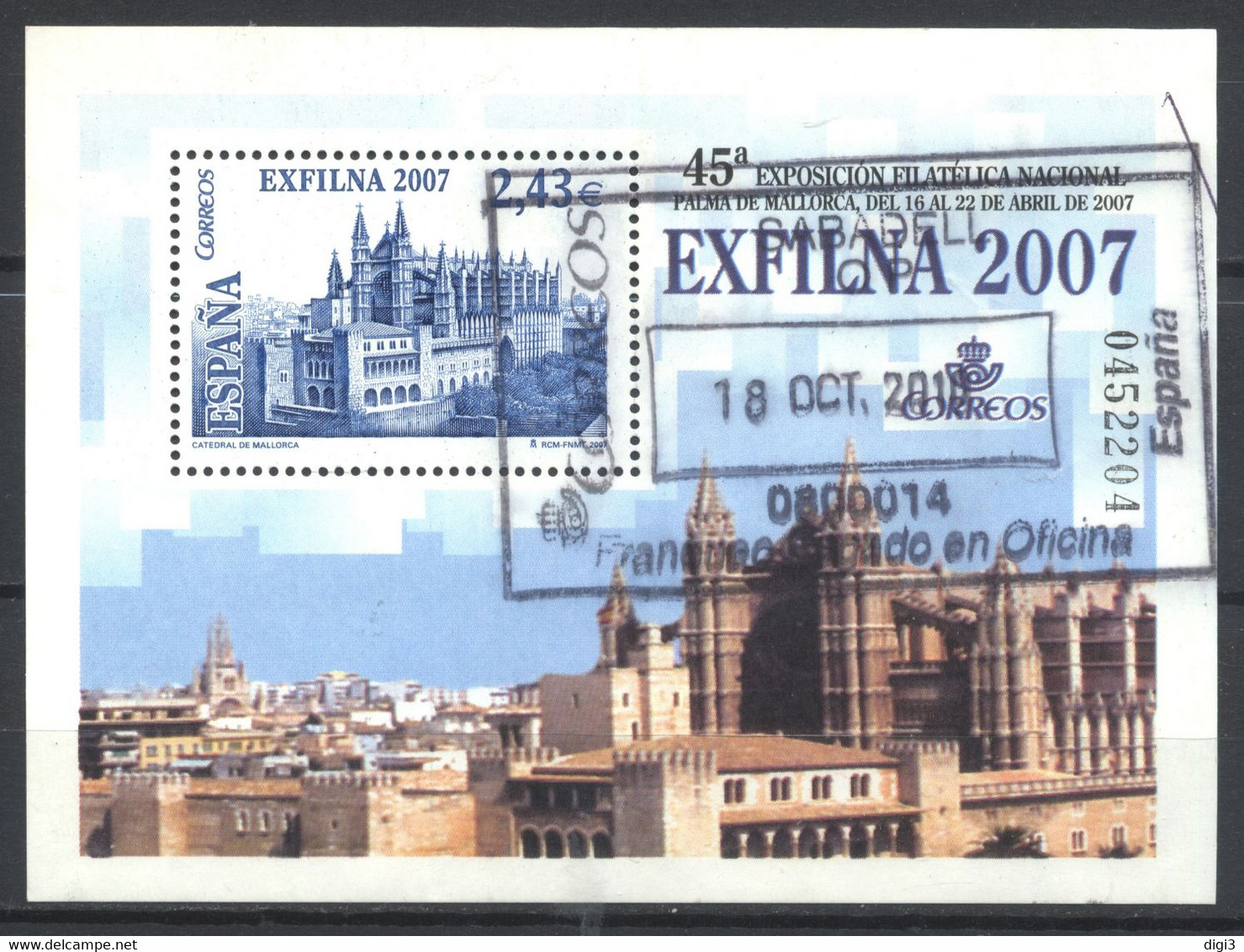 España, 2007, EXFILNA 2007, Catedral De Palma De Mallorca, Hojita, 2,43 Eur, Usada - Feuillets Souvenir