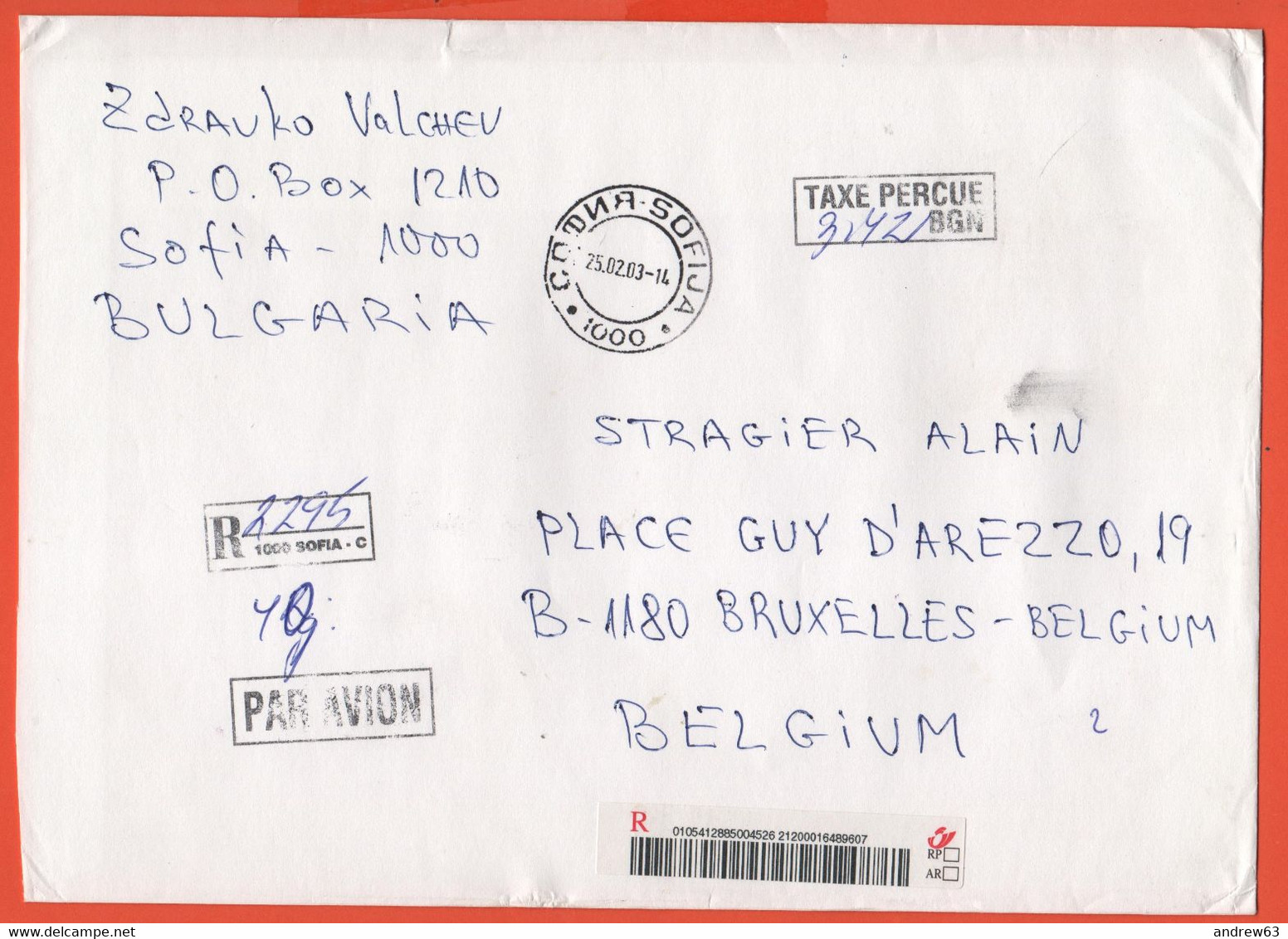 BULGARIA - BULGARIE - 2003 - 3,42 Postage Paid Taxe Percue - Registered - Par Avion - Medium Envelope - Viaggiata Da Sof - Brieven En Documenten