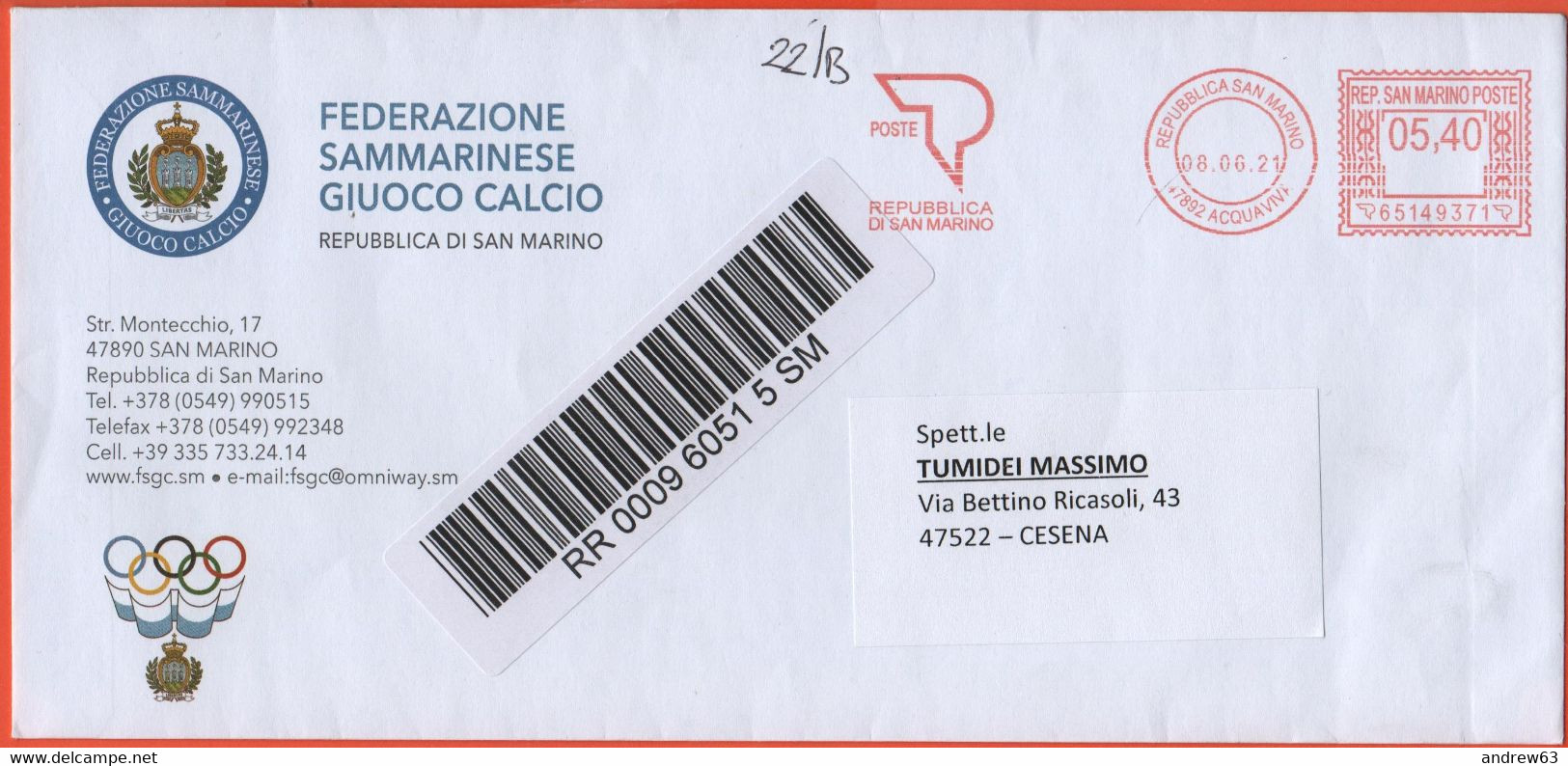 Repubblica Di San Marino - 2021 - 5,40 EMA, Red Cancel - Federazione Sammarinese Giuoco Calcio - Raccomandata -Viaggiata - Lettres & Documents