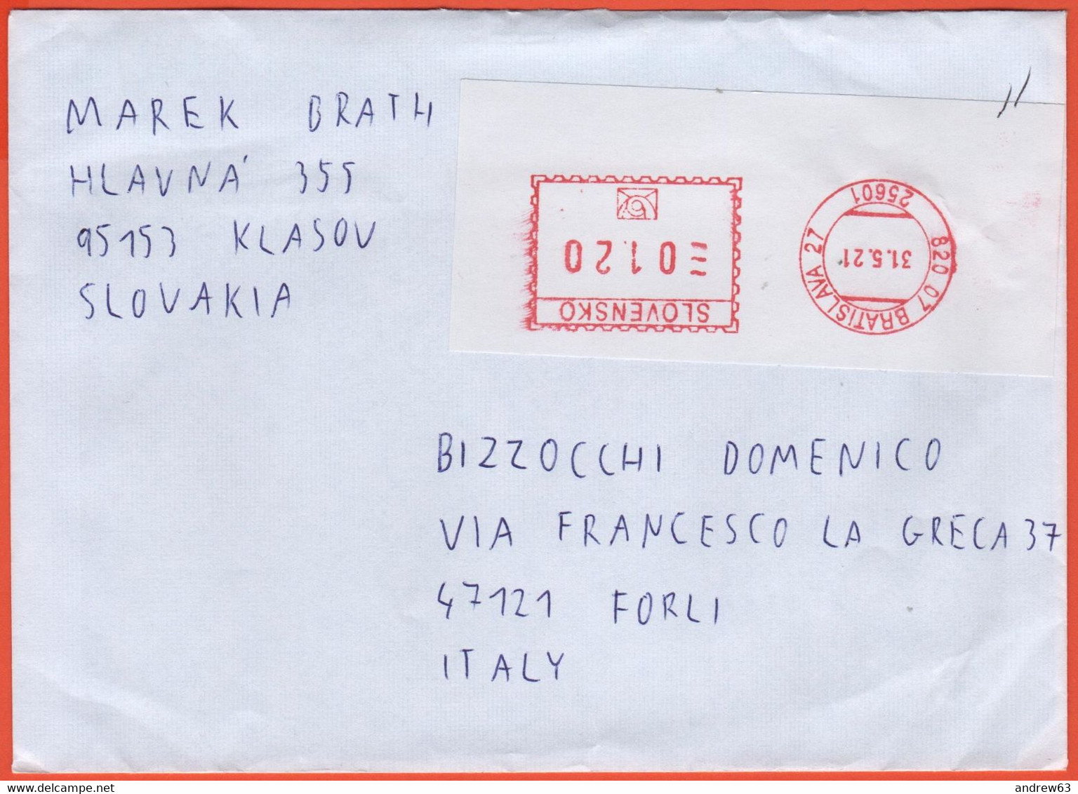 SLOVACCHIA - SLOVAKIA - SLOVENSKO - 2021 - 01.20 Ema,Red Cancel - Viaggiata Da Bratislava Per Forlì - Storia Postale