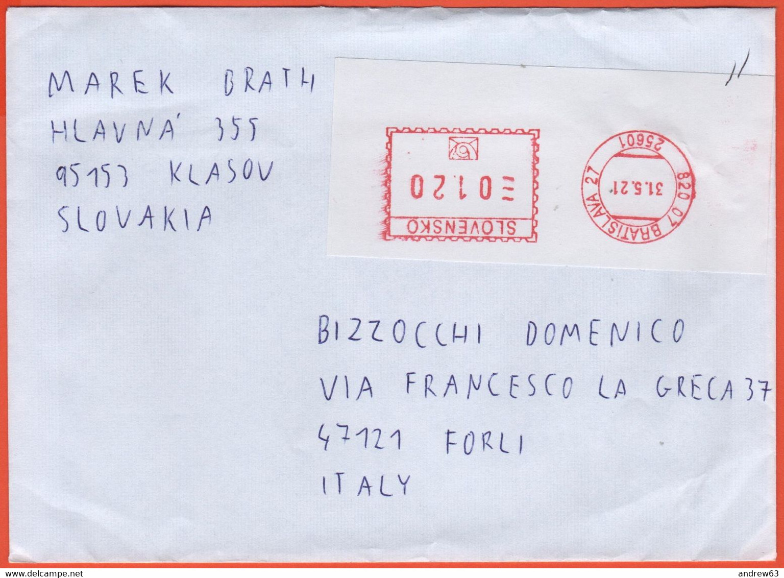 SLOVACCHIA - SLOVAKIA - SLOVENSKO - 2021 - 01.20 Ema,Red Cancel - Viaggiata Da Bratislava Per Forlì - Covers & Documents