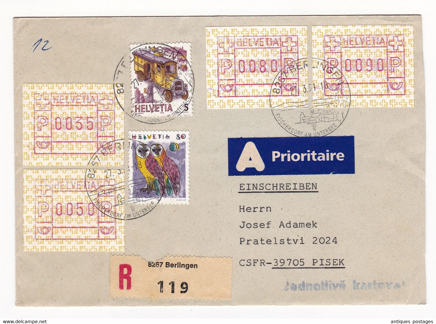 Lettre Einschreiben Berlingen Suisse Písek République Tchèque Česká Republika - Automatic Stamps