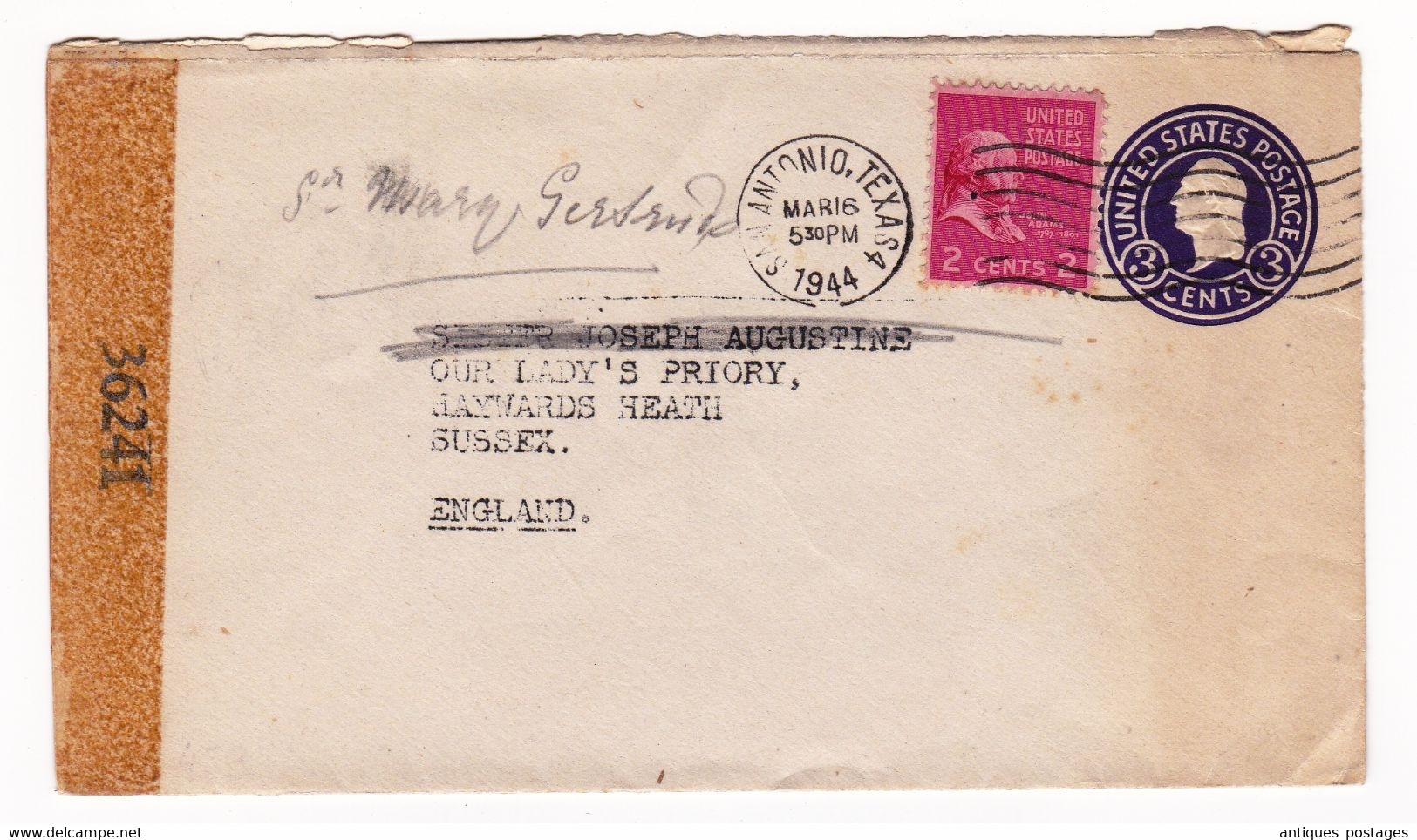 Lettre San Antonio 1944 Censure Texas Entier Postal USA Examined By Censor WW2 Second World War Aywards Heath Sussex - 1941-60