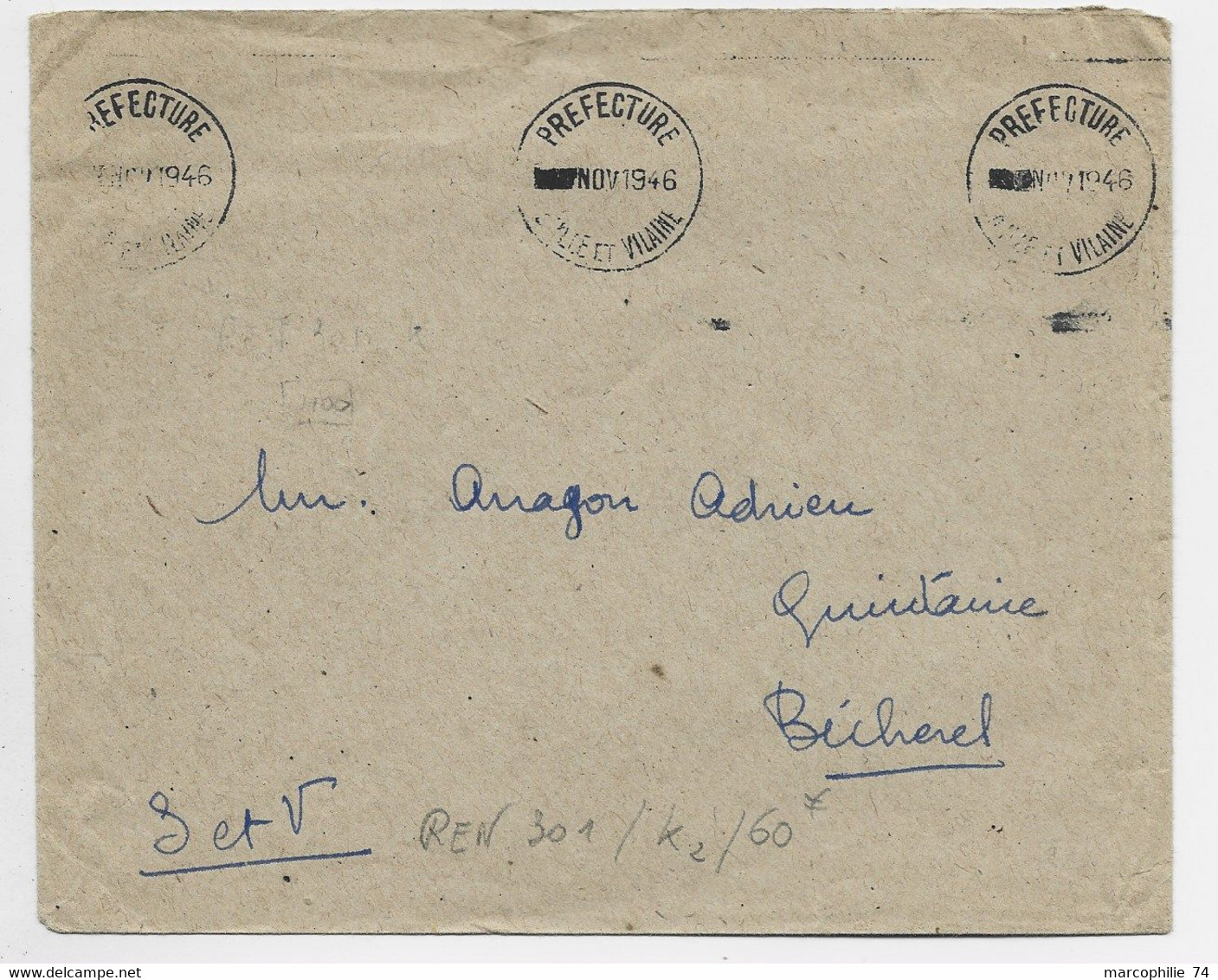 LETTRE FRANCHISE KRAG DATEUR PREFECTURE NOV 1946 ILLE ET VILAINE - Maschinenstempel (Werbestempel)