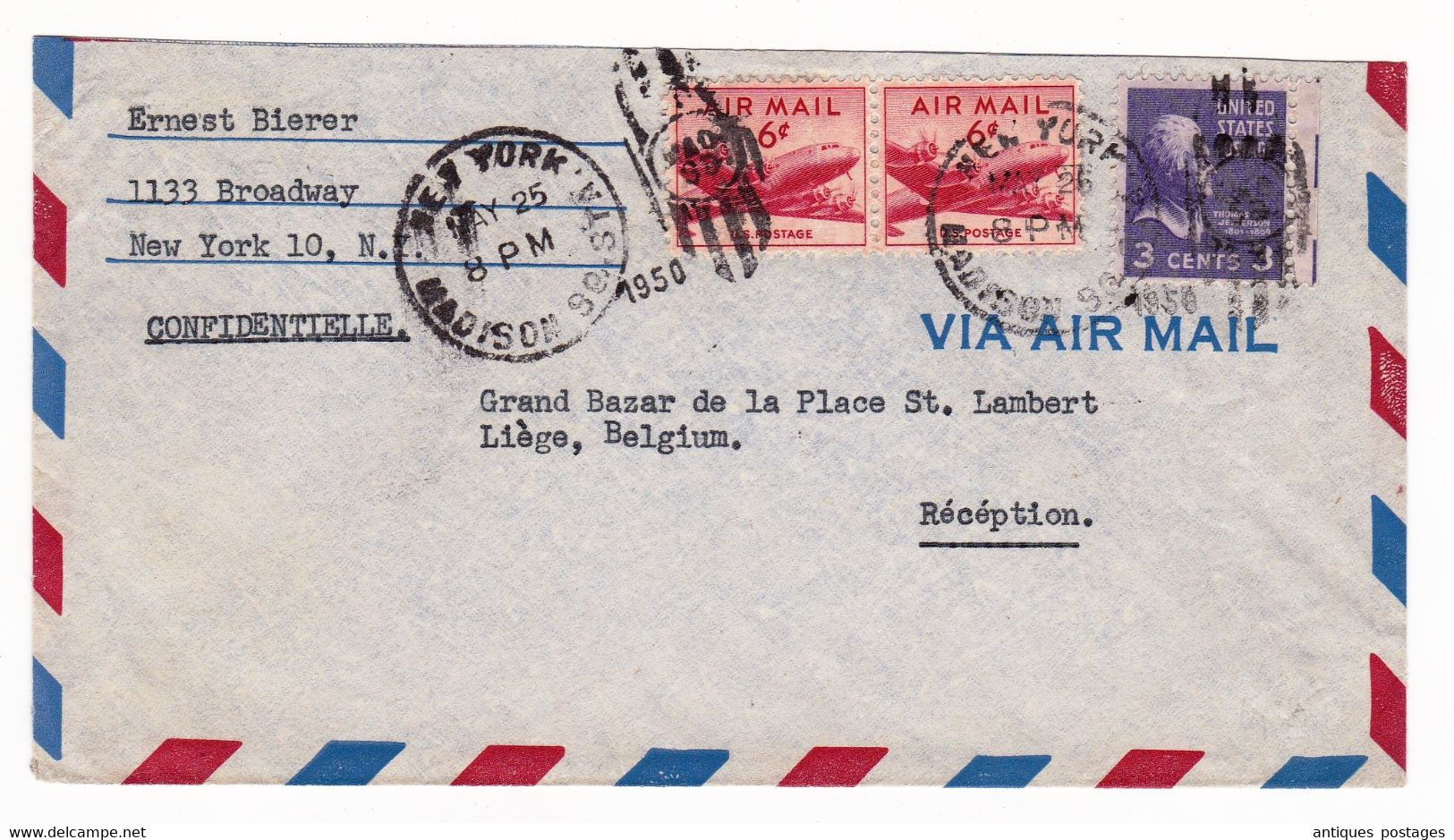 Lettre New York 1950 Grand Bazar De La Place Saint Lambert Liège Belgique Ernest Bierer - 2a. 1941-1960 Oblitérés