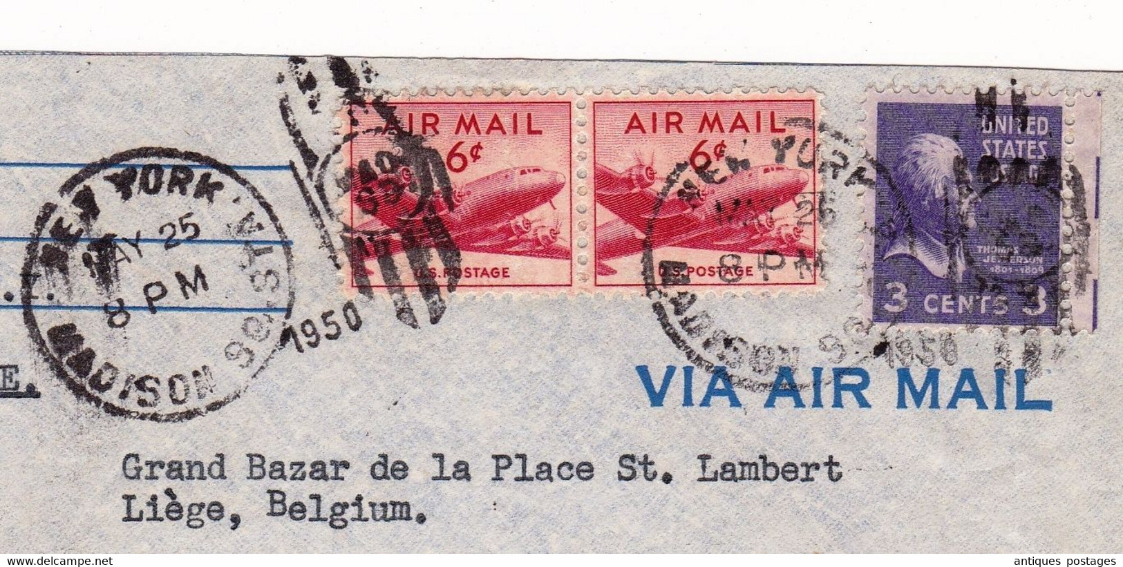 Lettre New York 1950 Grand Bazar De La Place Saint Lambert Liège Belgique Ernest Bierer - 2a. 1941-1960 Oblitérés