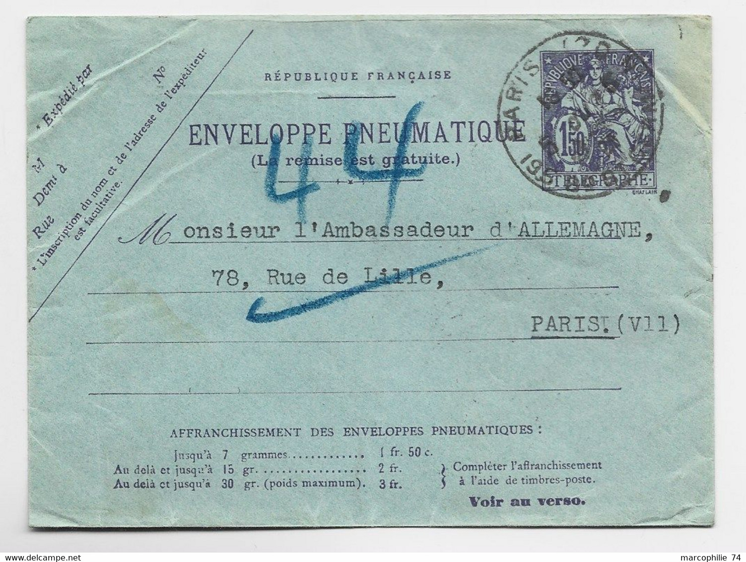 ENTIER 1FR50 VIOLET CHAPLAIN ENVELOPPE PNEUMATIQUE PARIS 1920 - Neumáticos