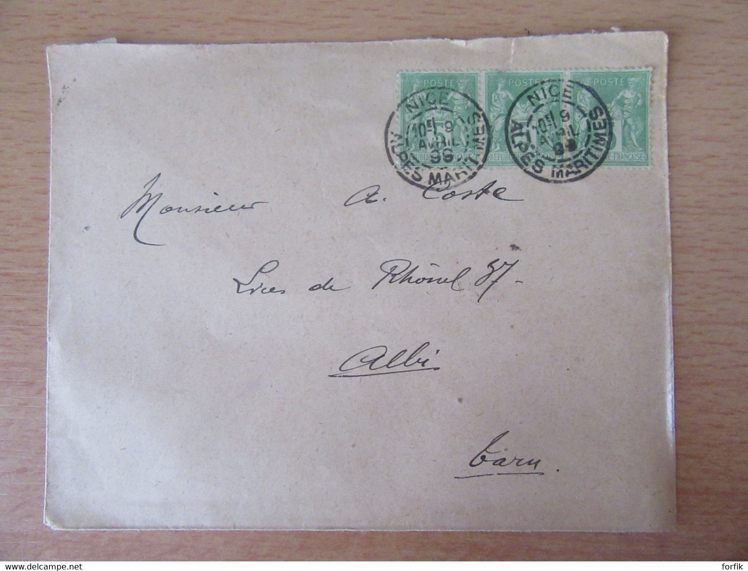 France - Timbre Sage 5c N°106 (Bande De 3) Sur Enveloppe Entre Nice Et Albi - 1899 - 1877-1920: Période Semi Moderne