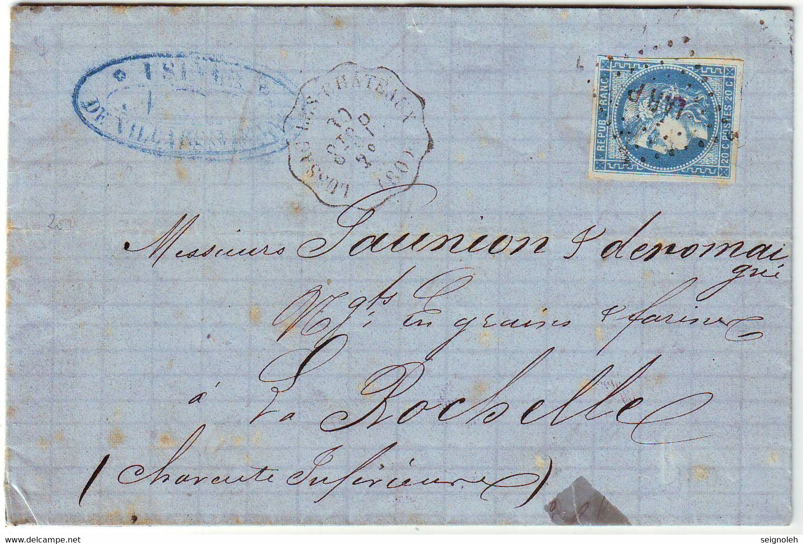 20 C BORDEAUX N° 45 ( TTB ) Obl Cachet Convoyeur Station LUSSAC LES CHATEAUX Vienne Lettre 30 Mai 1873 - 1849-1876: Klassik