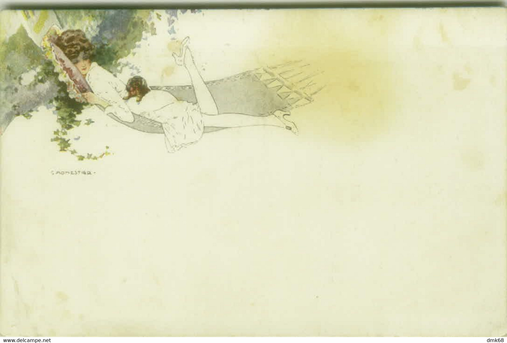 MONESTIER SIGNED 1920s POSTCARD - WOMAN WITH DOG ON AMACA - N.314  (BG1904) - Monestier, C.