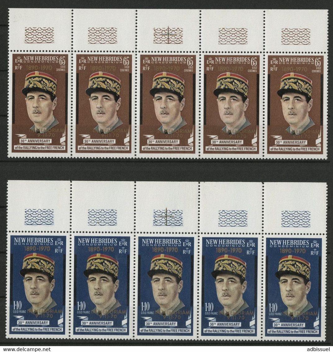 NEW HEBRIDES N° 306 + 307 2 Bandes De 5 Neuves ** (MNH) Cote 37,50 € Général De GAULLE Surchargés (voir Description) - Nuevos