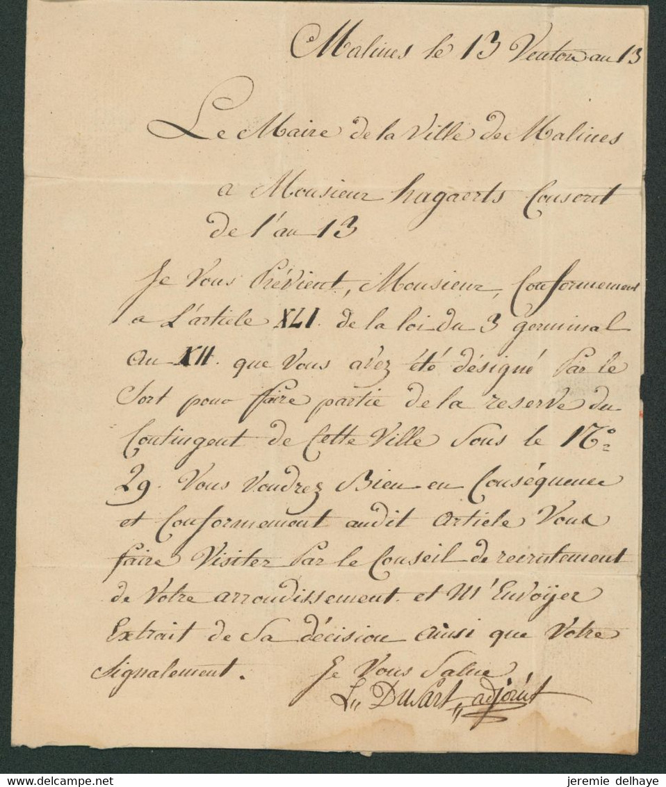 Précurseur - LAC Datée Du Maire De La Ville De Malines (1805) + Obl Linéaire Rouge 93 / MALINES, Port "2" > Gend - 1794-1814 (Periodo Frances)