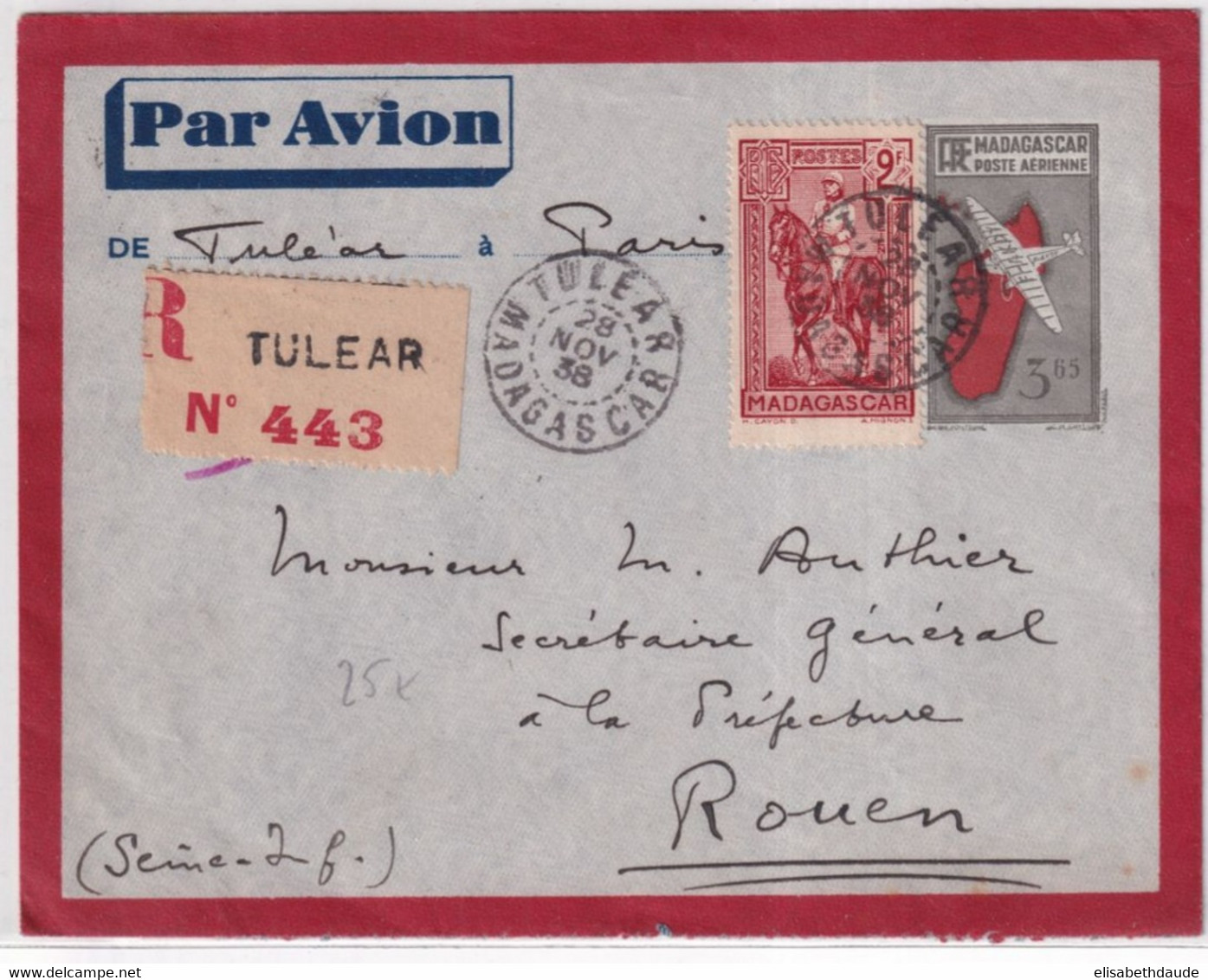 MADAGASCAR - 1938 - ENVELOPPE ENTIER AVION  RECOMMANDEE De TULEAR => ROUEN - Lettres & Documents