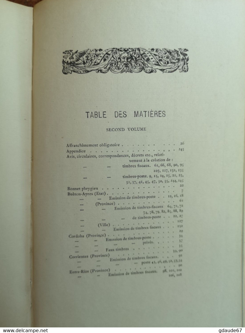 LIVRE RARE (TIRE à 150 ex.) - TIMBRES DE LA REPUBLIQUE D'ARGENTINE J-B MOENS TOME SECOND 1882 ILLUSTRE DE 90 GRAVURES