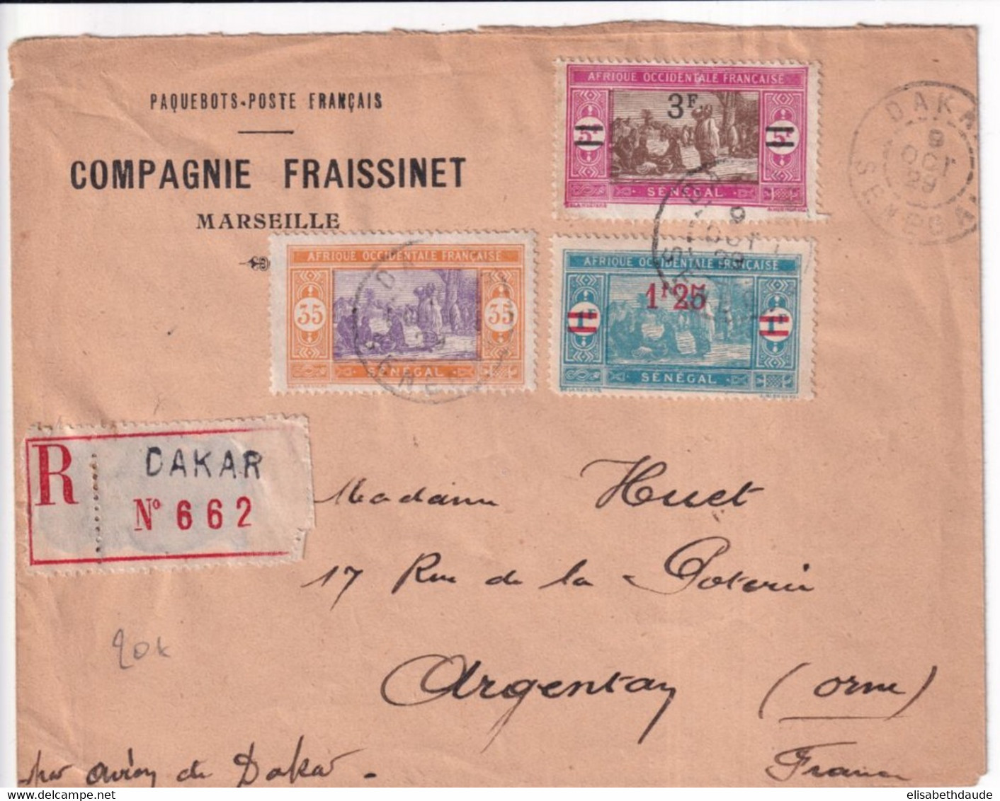 SENEGAL - 1929 - ENVELOPPE "PAQUEBOTS-POSTE FRANCAIS FRAISSINET"  RECOMMANDEE De DAKAR => ARGENTAN (ORNE) - Storia Postale