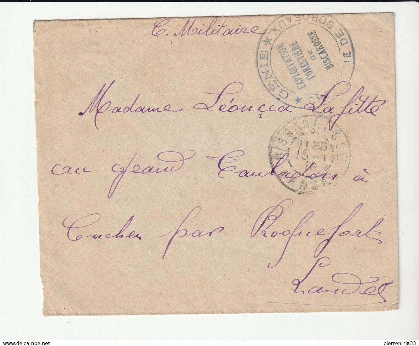 Lettre En Franchise Militaire Avec Cachet "Génie, Exploitation Forestière De Biscarrosse, Chefferie De Bordeaux"1916 - Storia Postale