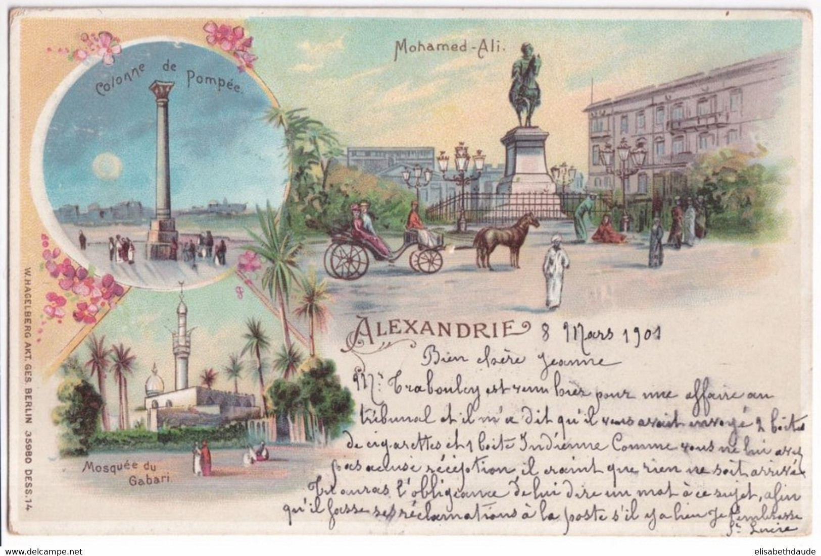 ALEXANDRIE (EGYPTE) - 1901 - SAGE SURCHARGES Sur SUPERBE CARTE => GRENOBLE - Lettres & Documents