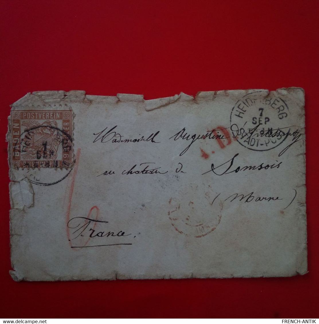 LETTRE ALLEMAGNE HEIDELBERG TIMBRE BADEN POSTVEREIN POUR FRANCE CHATEAU MARNE - Covers & Documents