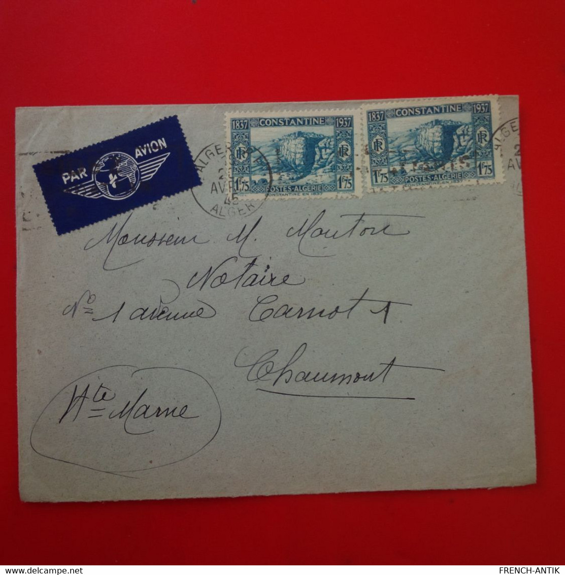 LETTRE ALGER POUR CHAUMONT 1945 - Briefe U. Dokumente