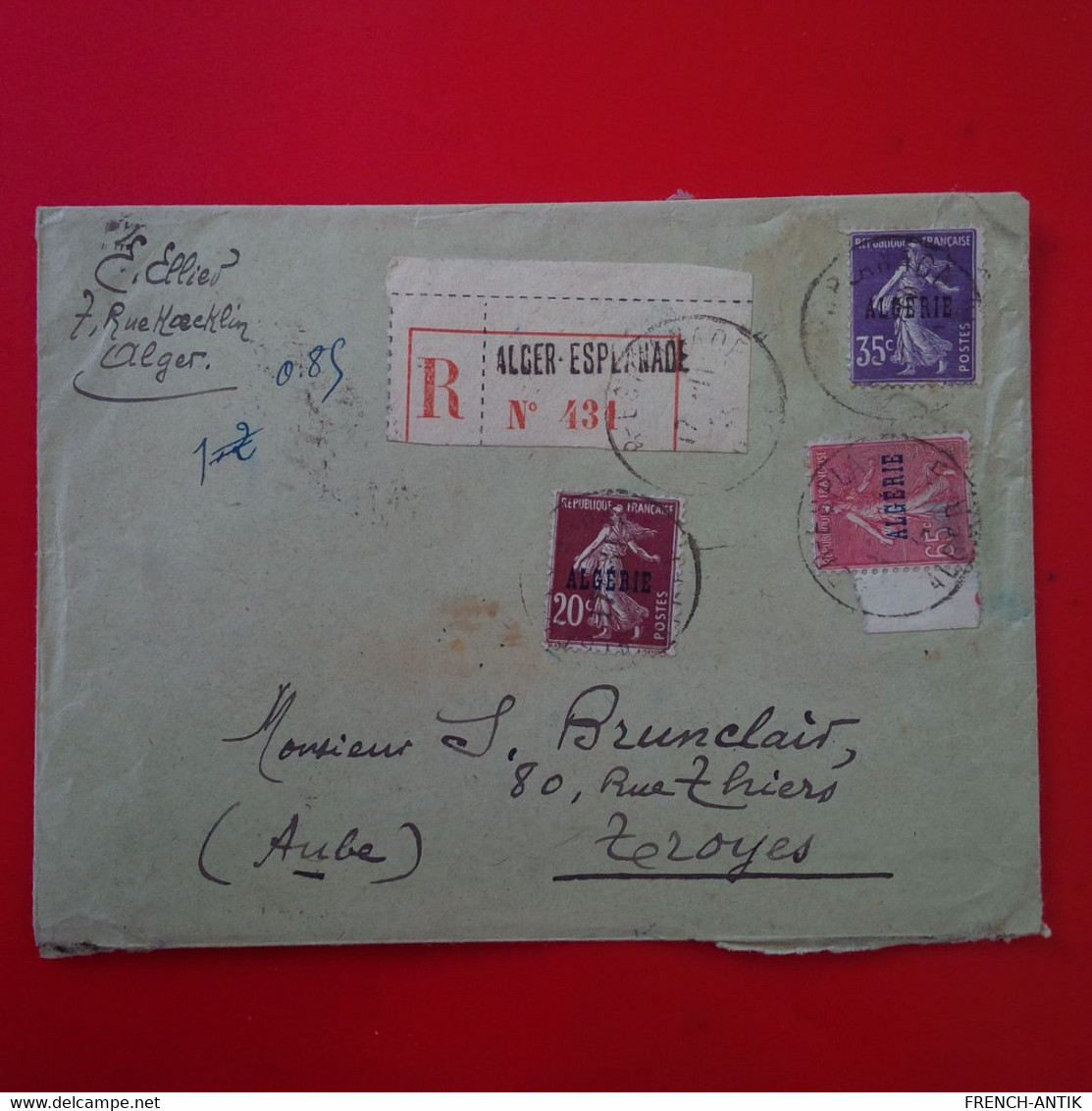 LETTRE RECOMMANDE ALGER ESPLANADE POUR TROYES - Covers & Documents