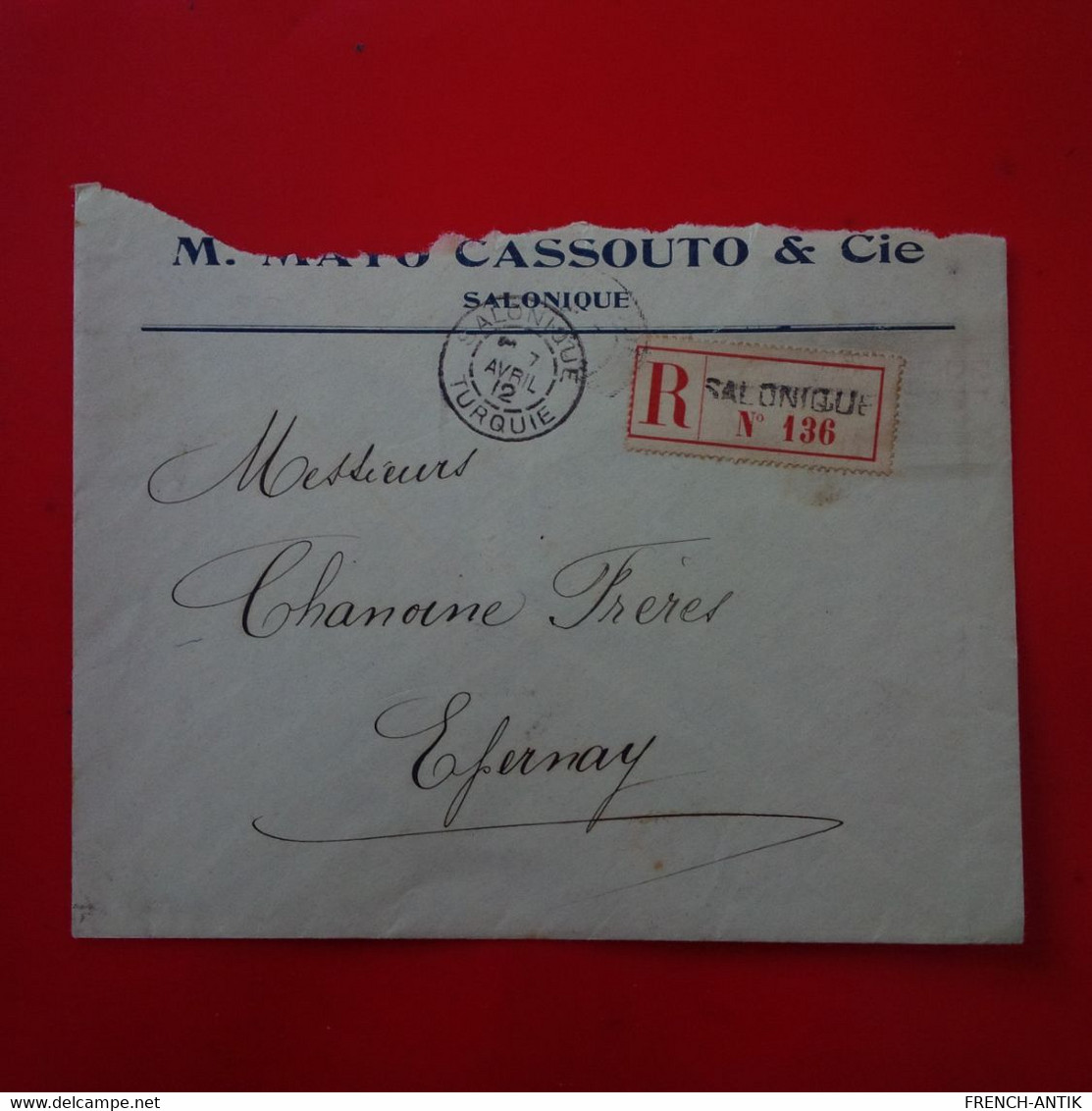 LETTRE RECOMMANDE SALONIQUE CASSOUTO AND CIE POUR EPERNAY VINS DE CHAMPAGNE CHANOINE 1912 - Brieven En Documenten