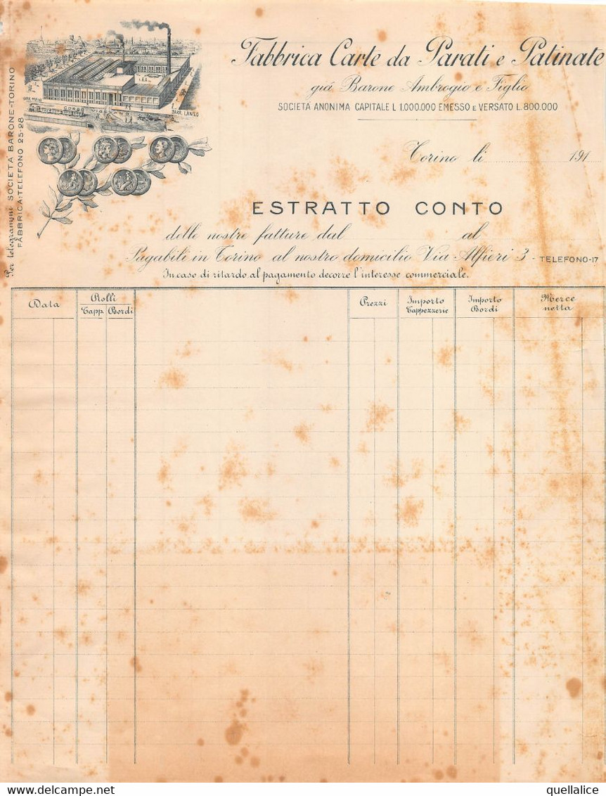 02876 "FABBRICA CARTE DA PARATI E PATINATE - GIA' BARONE AMBROGIO E FIGLIO - TORINO" ESTRATTO CONTO. I DECADE XX SECOLO - Invoices