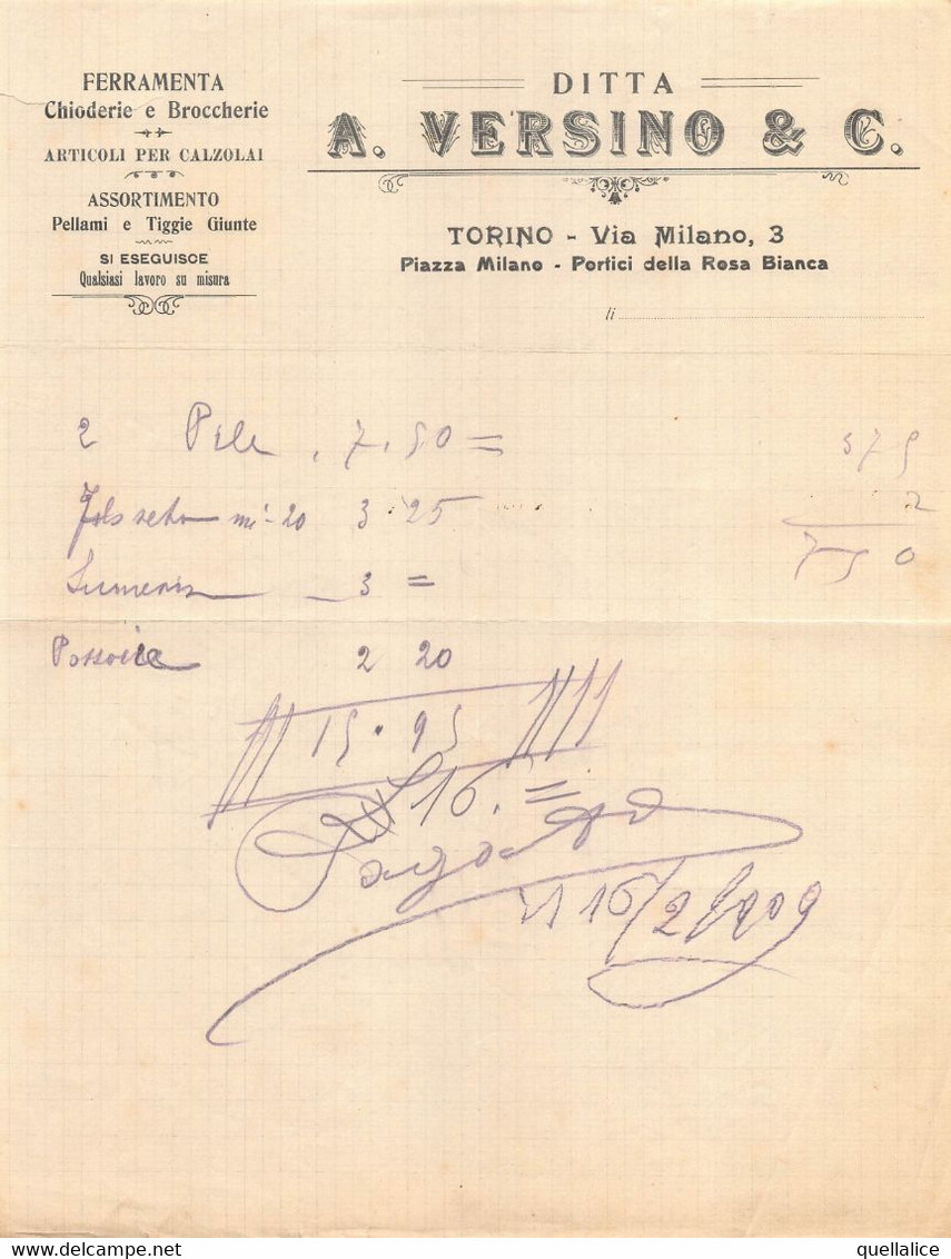 02877 "DITTA A. VERSINO & C. - TORINO - FERRAMENTA-CHIODERIE-BROCCHERIE-ARTICOLI PER CALZOLAI....." FATTURA 1909 - Rechnungen