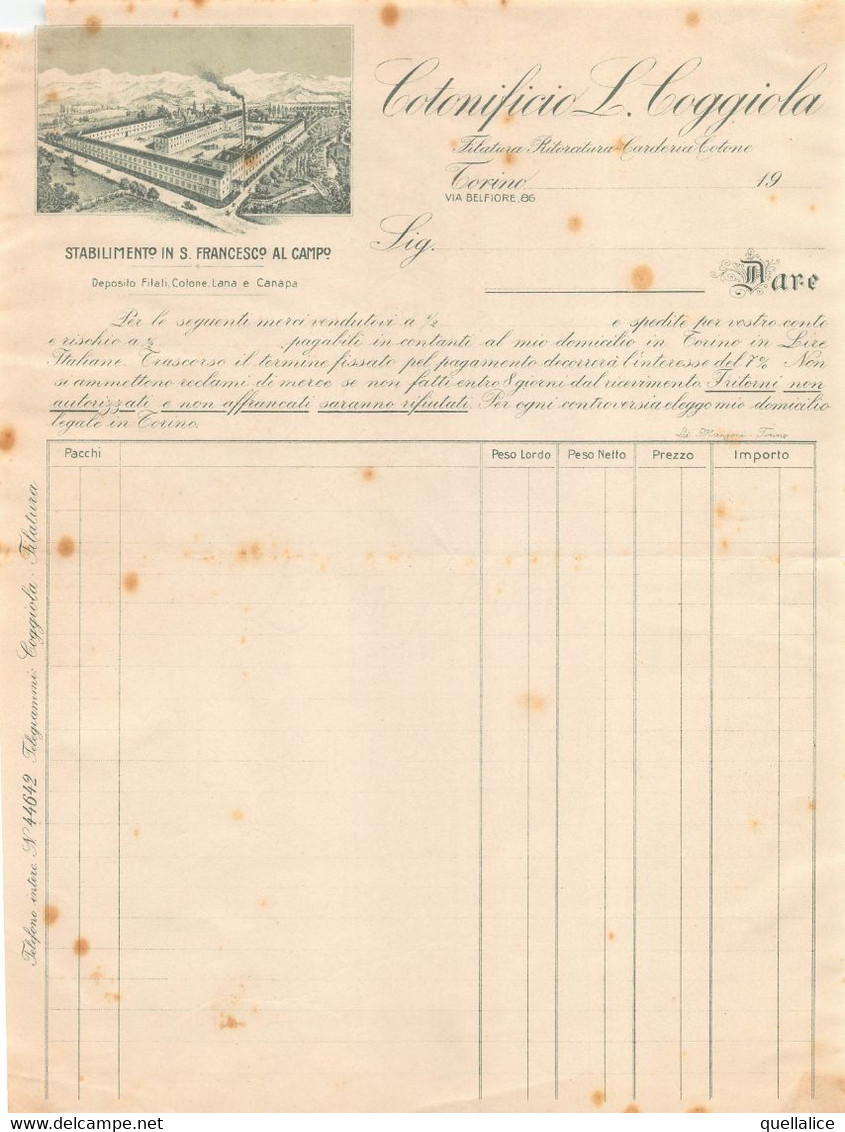 02878 "COTONIFICO L. COGGIOLA - FILATURA-RITORATURA....- STABILIMETO S.FRANCESCO AL CAMPO" FATTURA I°DECADE XX SECOLO - Invoices