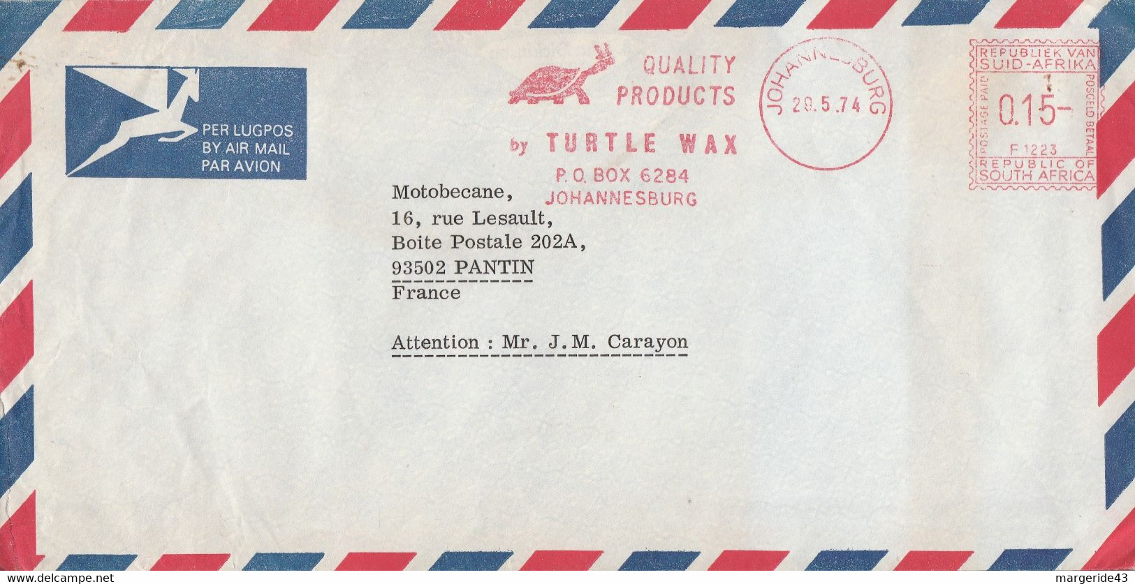 AFRIQUE DU SUD EMA TURTLE WAX  SUR LETTRE DE JOHANNESBURG POUR LA FRANCE 1974 - Lettres & Documents